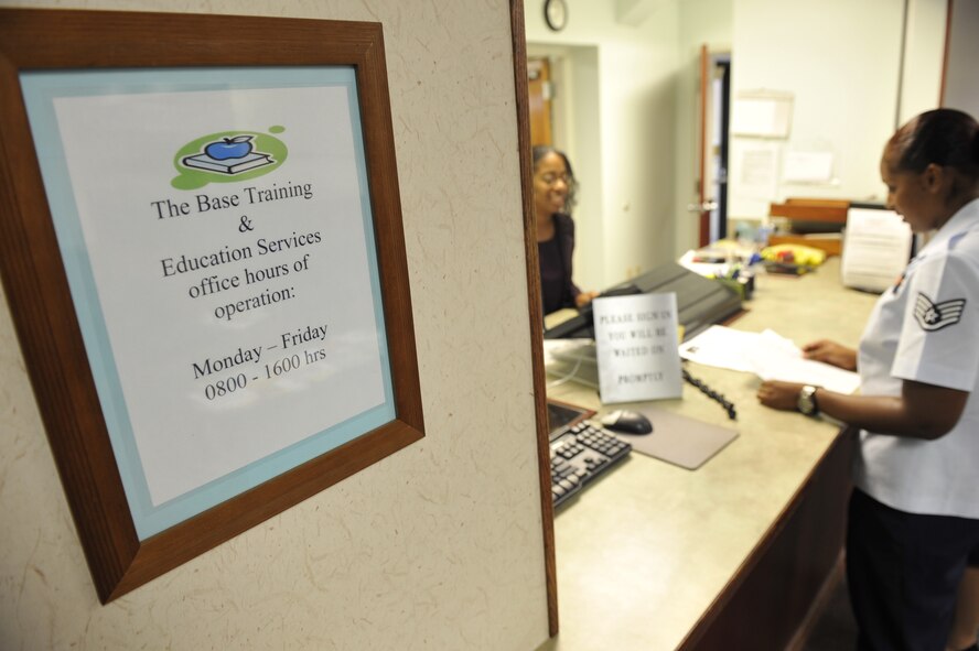 MOODY AIR FORCE BASE, Ga. –Staff Sgt. Camille Iles-Rudolph, 23rd Mission Support Group enterprise information manager non-commissioned officer-in-charge,  asks a question about College Level Examination Program tests here Sept. 8. The CLEP is one of two tests available at the Base Training and Education Services office for Airmen to earn college credits without attending class. (U.S. Air Force photo by Senior Airman Schelli Jones)
