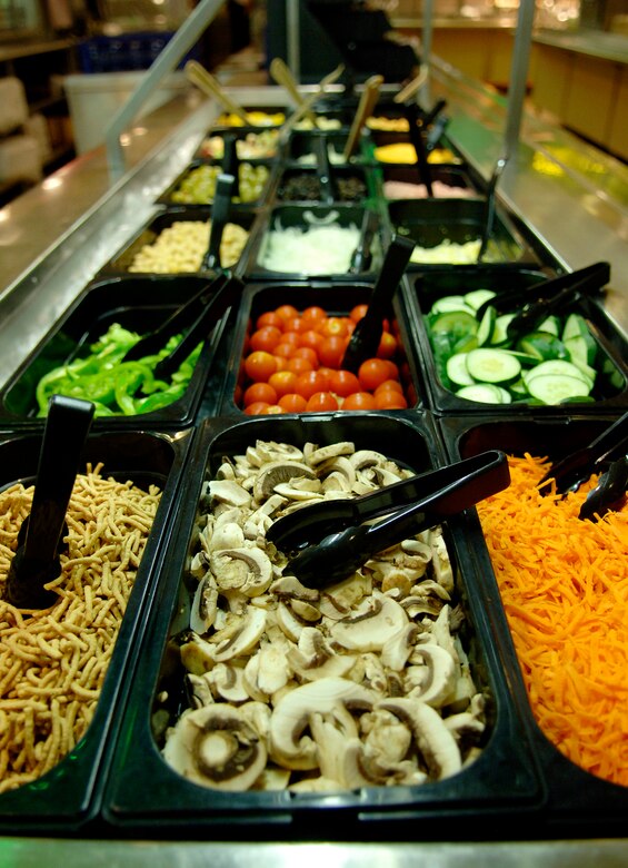 The salad bar is prepared for lunch at the Eagle Room Dining Facility here on Aug. 27. (U.S. Air Force photo/Tech. Sgt. Levi Collins) 