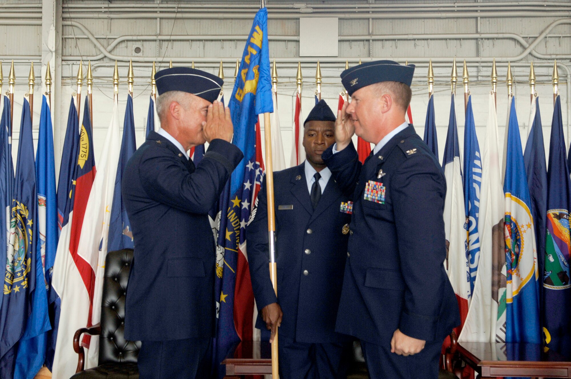 Col. Lawrence Martin takes command of the 6th Air Mobility Wing during the wing's change of command ceremony Monday. Col. Martin comes to MacDill from an assignment as the vice commander of the 379th Air Expeditionary Wing, Southwest Asia.  (U.S. Air Force photo by Staff Sgt. Joseph Swafford)
