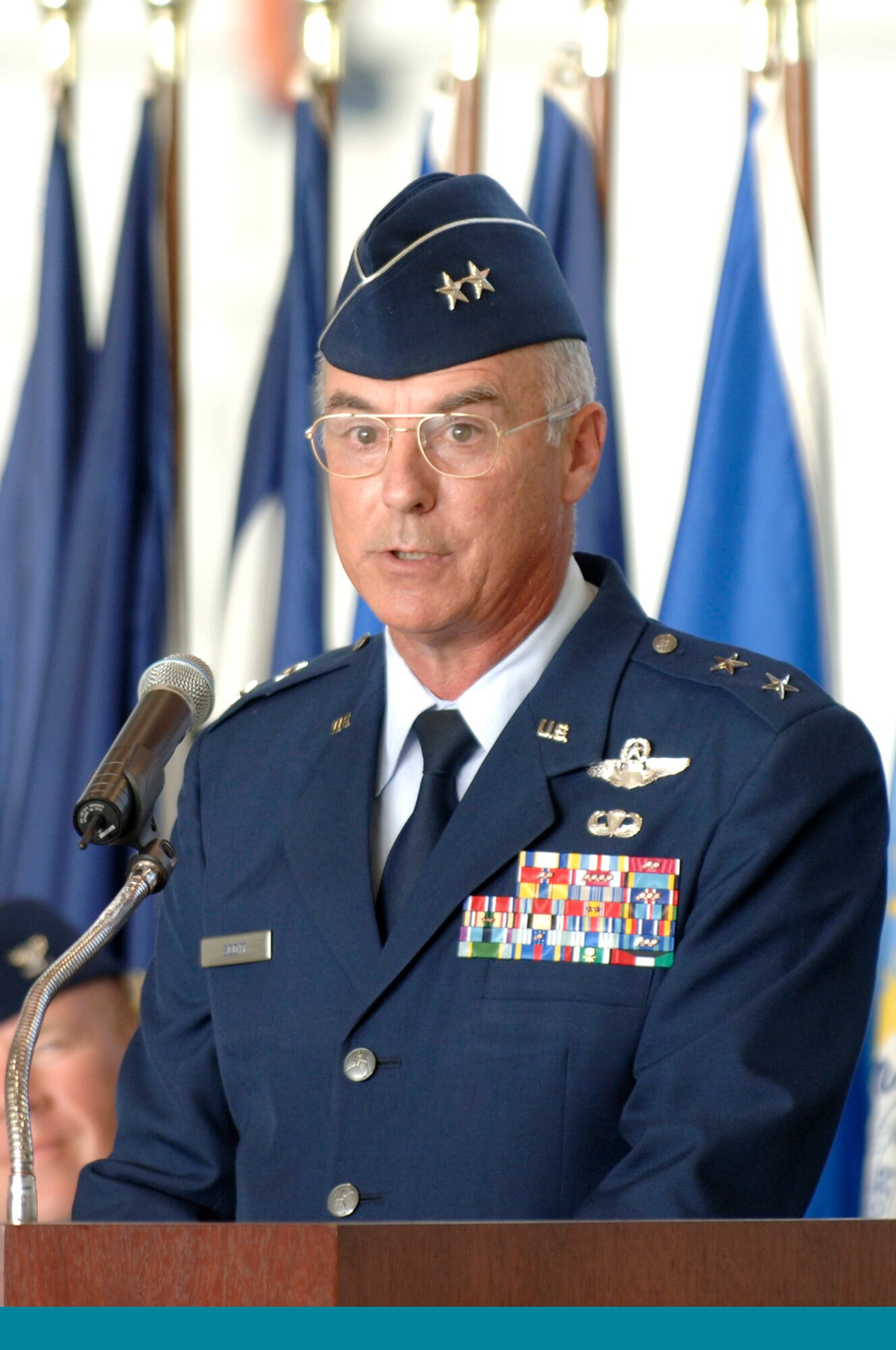 Maj. Gen. Winfield Scott III gives the opening address to members of MacDill Air Force Base and the Tampa Bay community at the 6th Air Mobility Wing change of command ceremony. Col. Robert Thomas relinquished command of the wing to Col. Lawrence Martin.  (U.S. Air Force photo by Staff Sgt. Joseph Swafford)