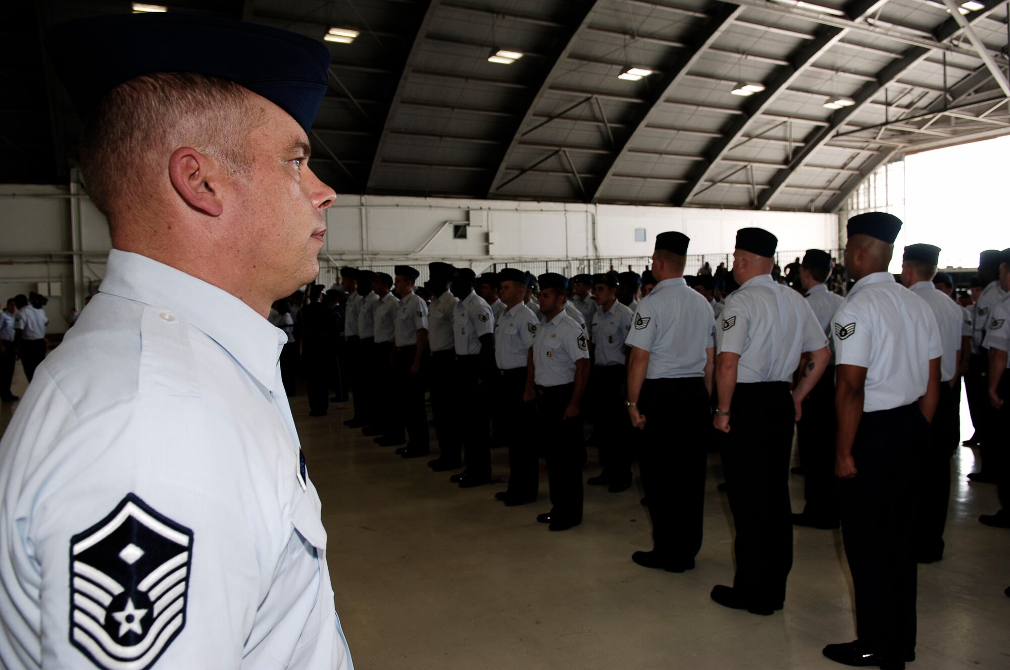 Master Sgt. Matthew Gadziala III, leads a formation at the 6th Air Mobility Wing Change of command ceremony Monday. (U.S. Air Force photo/Tech. Sgt. Sean White)
