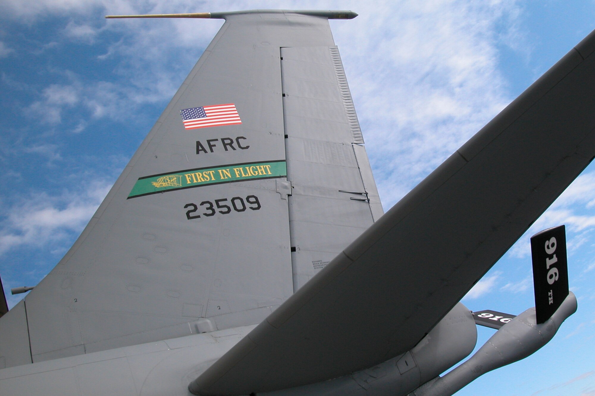GRISSOM AIR RESERVE BASE, Ind., -- The tail of a KC-135R from the 916th Air Refueling Wing, Seymour-Johnson AFB, N.C., sticks out of one of Grissom's nose docks Sept. 7. The 916th ARW, located near Goldsboro N.C., evacuated their aircraft from the path of Tropical Storm Hanna, sending six of the KC-135Rs here. (U.S. Air Force photo/Staff Sgt. Chris Bolen)