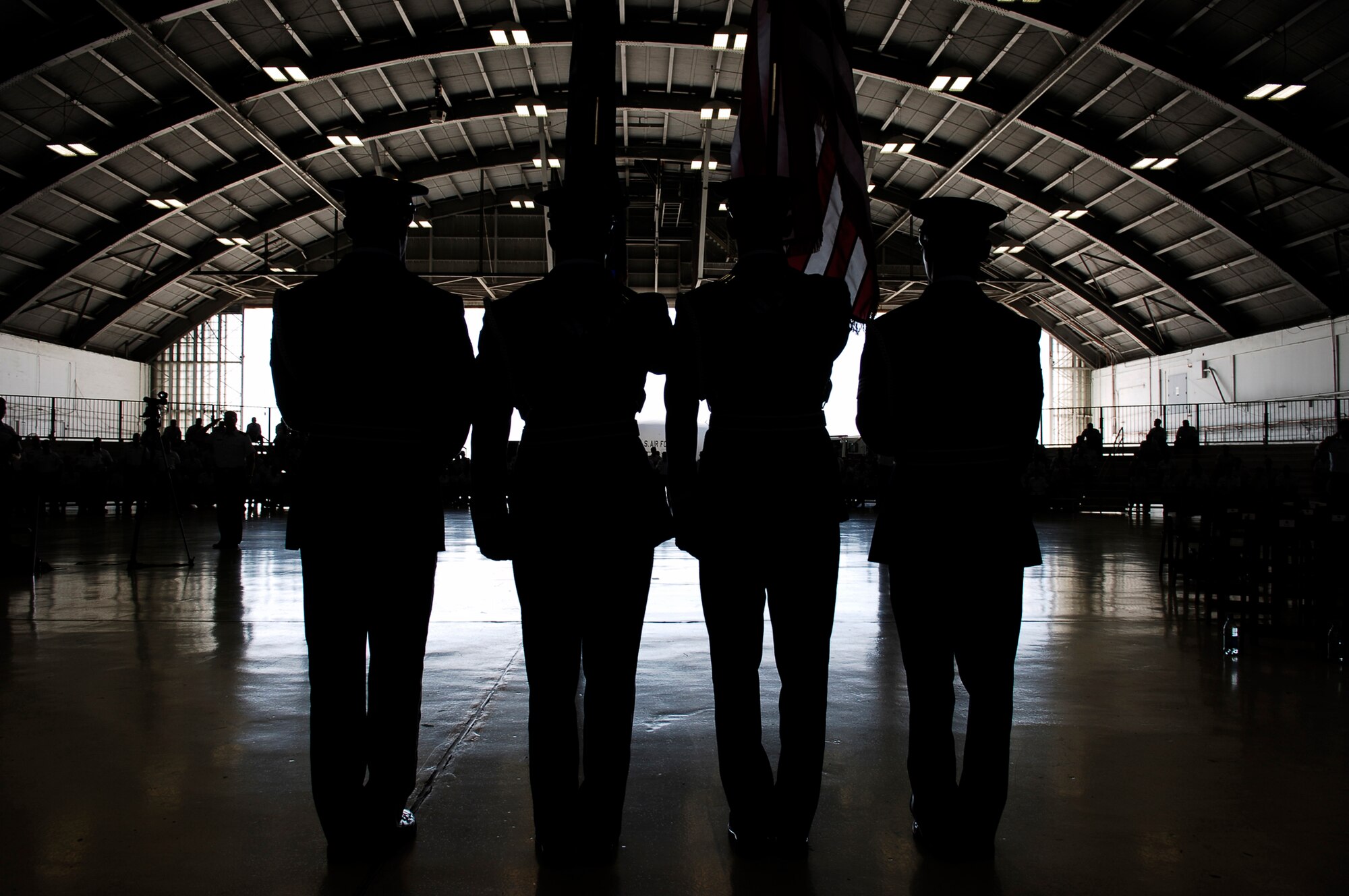 Members of the MacDill  Honor Guard participate in a change of command ceremony for the 6th Air Mobility Wing. Col. Robert Thomas relinquished command to Col. Lawrence Martin. (U.S. Air Force photo/Tech. Sgt. Sean White)
