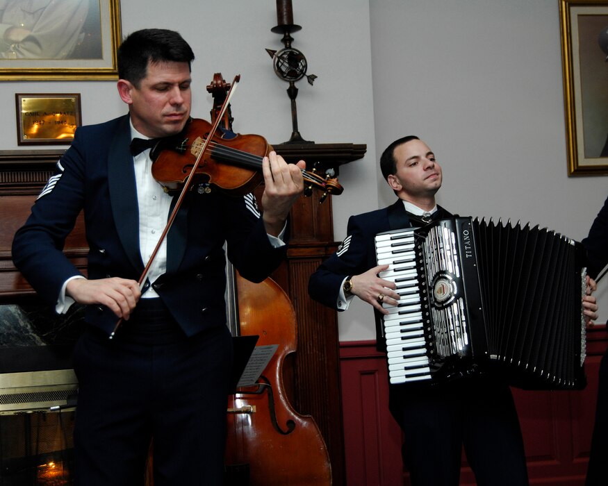 Violinist MSgt Alex Dean and accordianist TSgt Frank Busso perform with the Air Force Strings for the 2008 Senior Statesmen Conference at Bolling Air Force Base in Washington, DC.