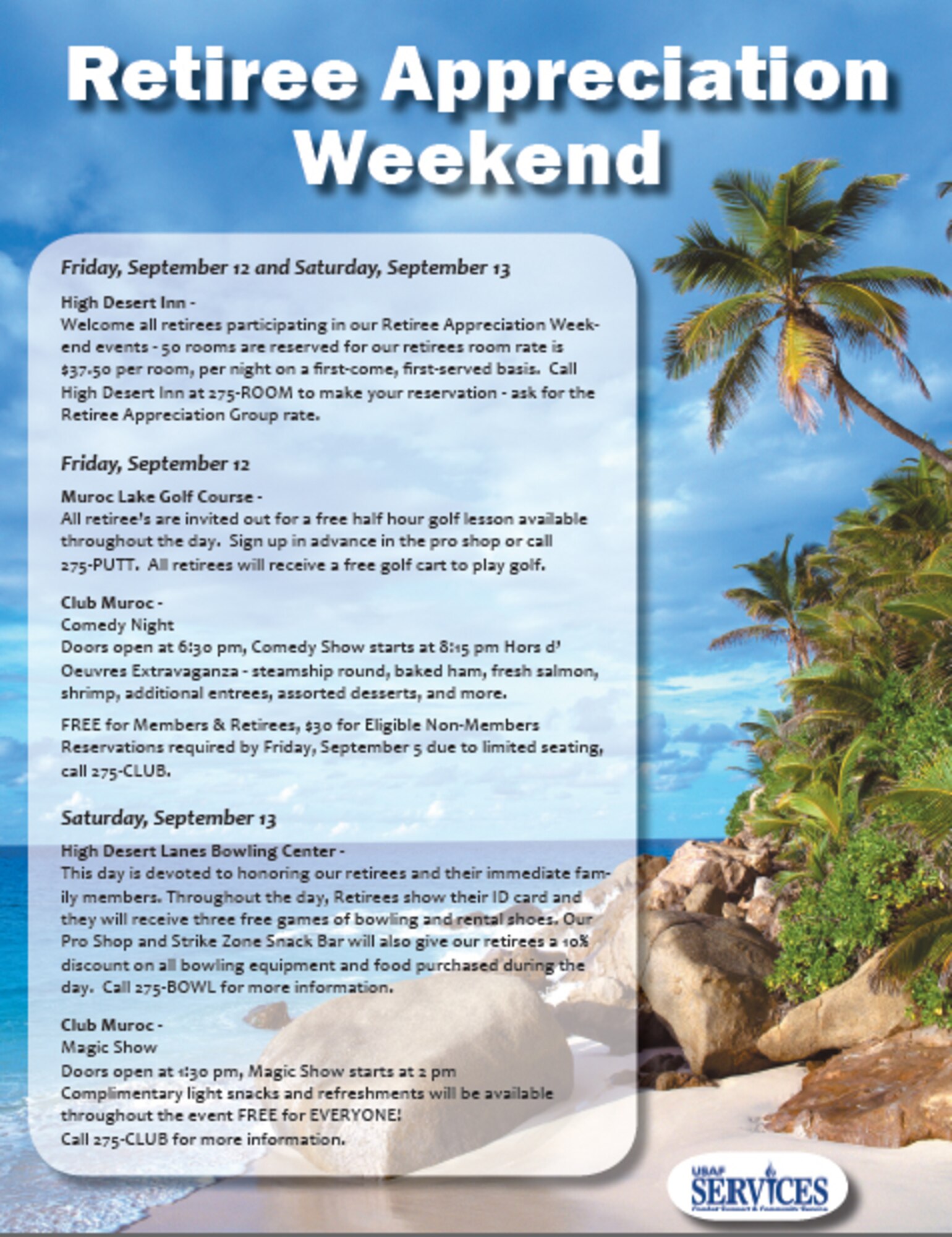 The 95th Force Support Squadron offers specials and activities for Retiree Appreciation Weekend. (Courtesy graphic)