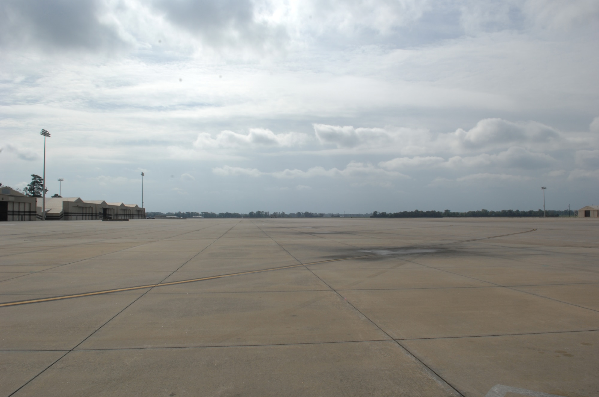 SEYMOUR JOHNSON AIR FORCE BASE, N.C. -- The flight-line is empty after more than 80 F-15 E Strike Eagles and three KC-135 Stratotankers evacuate to Wright Patterson Air Force Base, Ohio, for Tropical Storm Hanna. (U.S. Air Force Photo by Airman 1st Class Rae Henline)