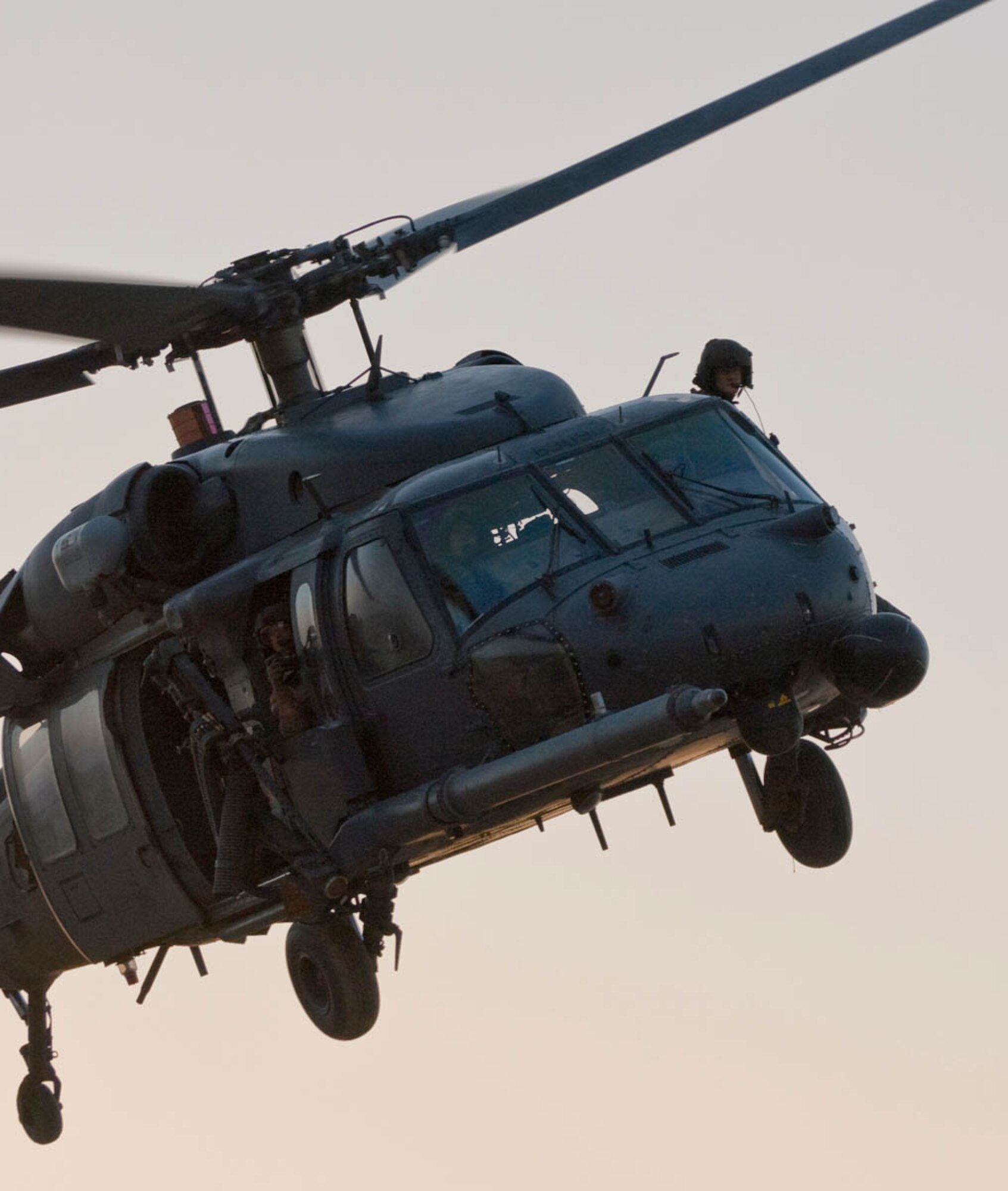 Crewmembers from the 55th Expeditionary Rescue Squadron prepare to land their HH-60G Pave Hawk at a deployed location. (U.S. Air Force photo by Capt. Jay Humphrey)