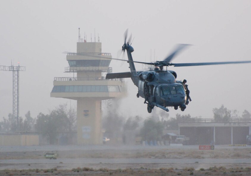 A 55th Expeditionary Rescue Squadron HH-60G Pave Hawk departs from an airfield at a deployed location. (U.S. Air Force photo by Capt. Jay Humphrey)