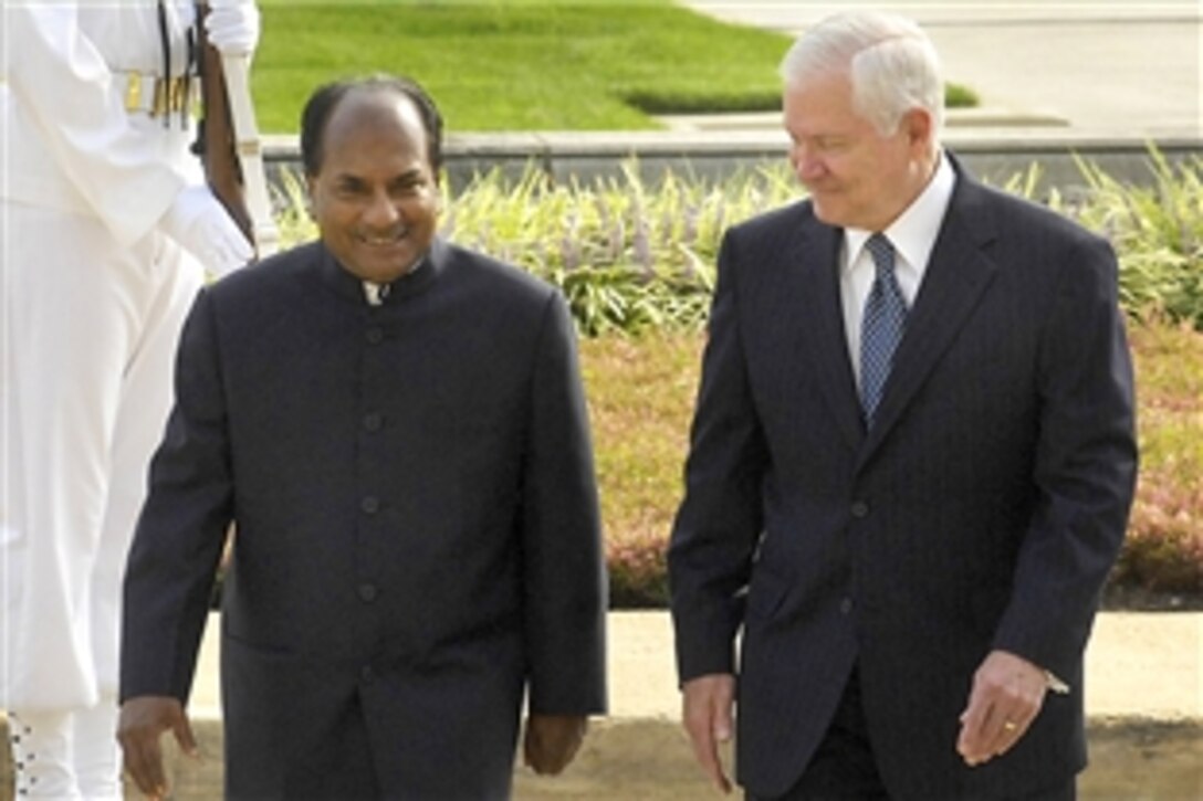 Defense Secretary Robert M. Gates, right, escorts Indian Minister of Defense A. K. Antony at the conclusion of an Armed Forces full honor arrival ceremony at the Pentagon, Sept. 9, 2008. Later, the two defense leaders discussed a range of international security issues of interest to both nations.  