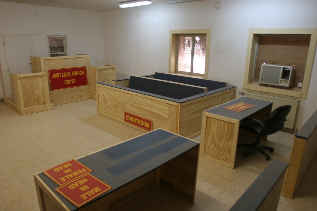 The newly-built courtroom features a jurors’ box, judge’s bench, witness stands and specific work spaces for the defense and prosecution. 'When you have a courtroom, it is easier because you know the needs of the court,' explained Lt. Michael Wooten, a judge advocate with Marine Wing Headquarters Squadron 3, 3rd Marine Aircraft Wing (Forward). 'Courtrooms are set up the way they are particularly for security purposes and you want to have a certain grandeur to a court proceeding so that all participants understand this is a solemn occasion.'