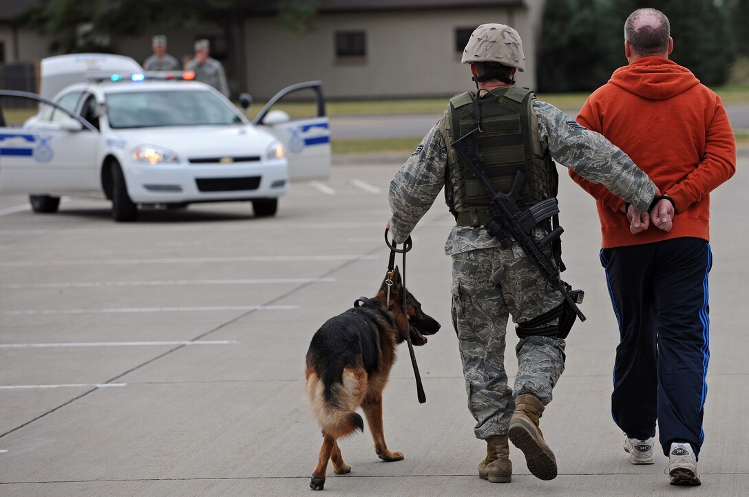 Staff Sgt. Curtis Locke, 28th Security Forces Squadron military working dog handler, and his dog, Rudy, escort a suspect role player into custody during an anti-terrorism force protection exercise on Sept. 10. Military working dogs are trained to respond to hostile threats to themselves and their partner. (U.S. Air Force photo/Senior Airman Marc I. Lane)