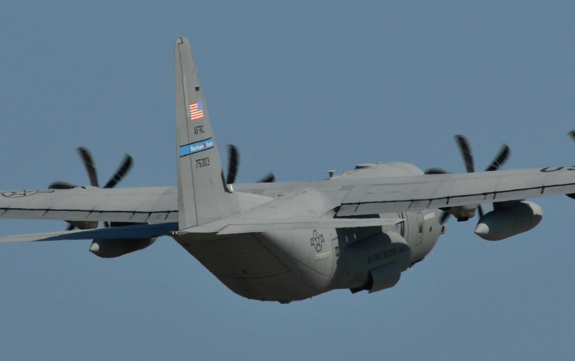 A WC-130J Hurricane Hunter takes off for a mission into the eye of Hurricane Ike. With the exception of two palletized weather stations, the WC-130J is not modified for missions into hurricanes and other troical weather. The aircraft is manned by U.S. Air Force Reservists from the 53rd Weather Reconniassance Squadron.  (U.S. Air Force Photo/Tech. Sgt. James B. Pritchett)