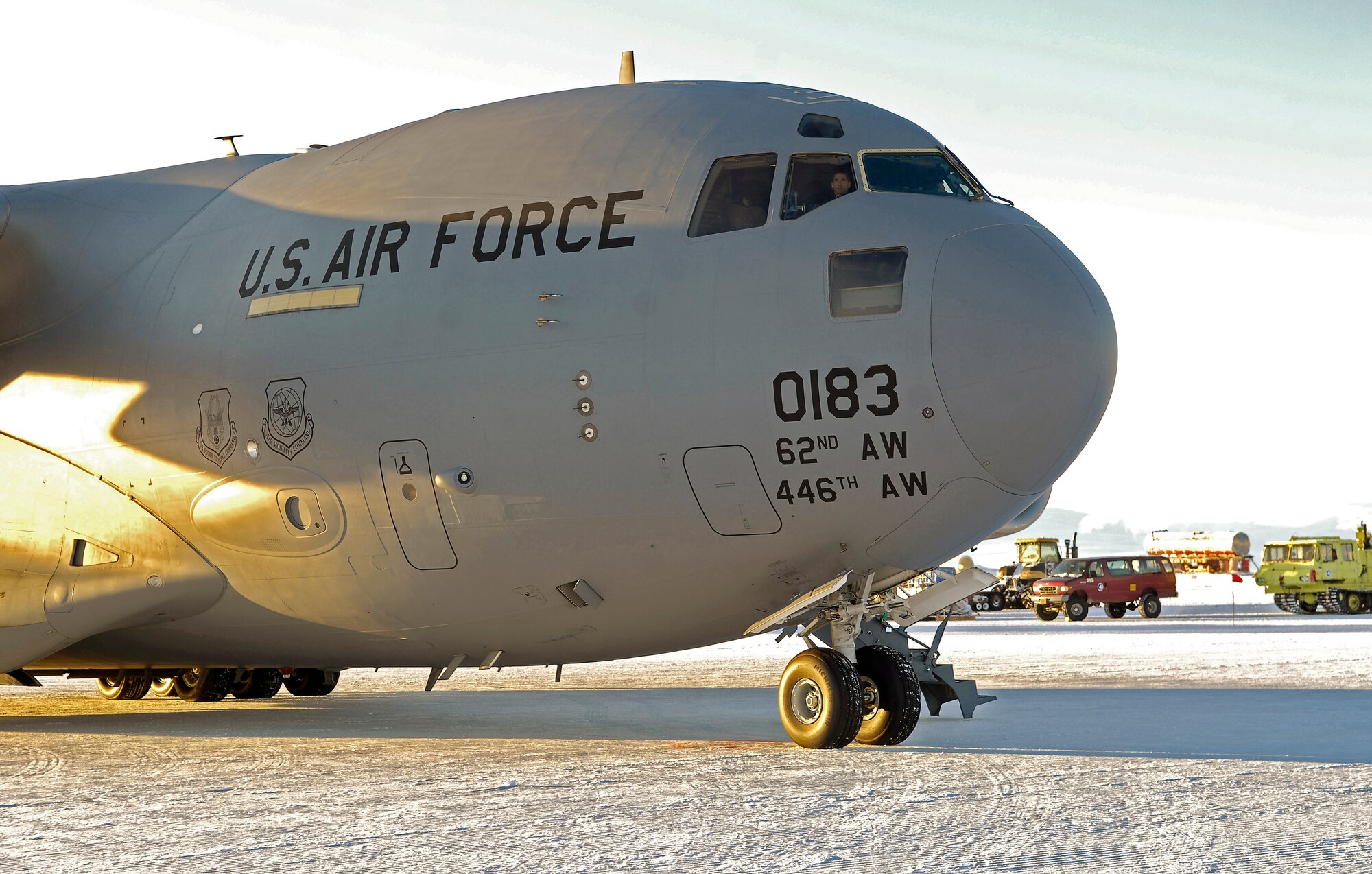 A C-17 Globemaster III sits on the Pegasus Ice Runway near McMurdo Station, Antarctica, on Sept. 10.  A crew of active duty and Reserve Airmen from McChord Air Force Base, Wash., delivered hundreds of thousands of pounds of supplies and equipment to National Science Foundation outposts in Antarctica over the past ten days.  The aircrew is part of Joint Task Force Support Forces Antarctica, headquartered at Hickam AFB, Hawaii, and led by 13th Air Force.  The joint task force is currently conducting Operation Deep Freeze in support of the National Science Foundation and U.S. Antarctic Program.   (US Air Force photo / Master Sgt. Chris Vadnais)