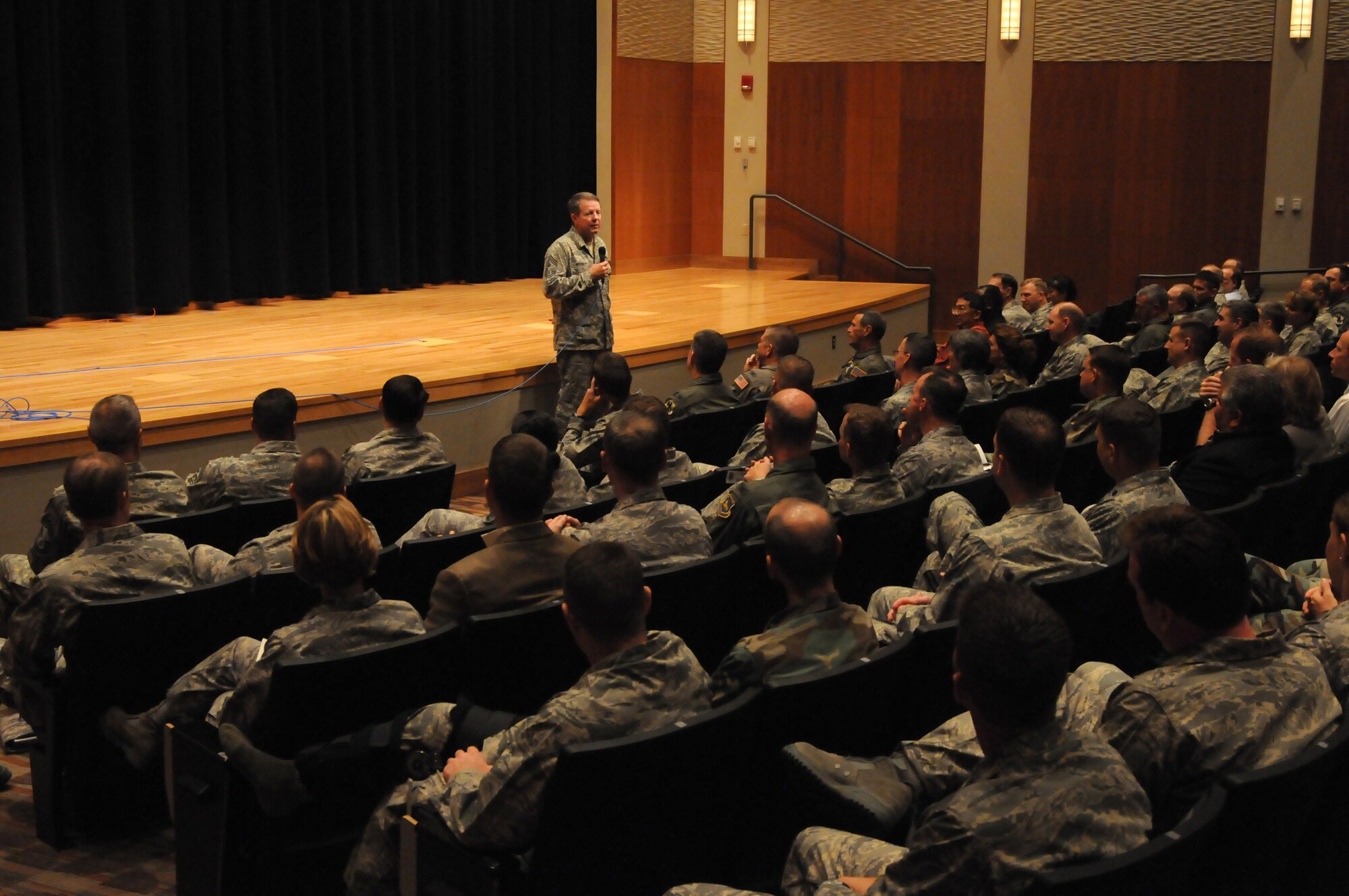 Chief Master Sgt. of the Air Force Rodney J. McKinley serves as a guest speaker at the Air Force Intelligence, Surveillance and Reconnaissannce Agency Commander's Conference held at the National Air and Space Intelligence Center Sept. 9 at Wright-Patterson Air Force Base, Ohio. During his visit, the chief visited with enlisted, officer and civilian employees and answered questions from Airmen. He is the 15th chief master sergeant of the Air Force. (U.S. Air Force photo/Staff Sgt. Joshua Strang) 
