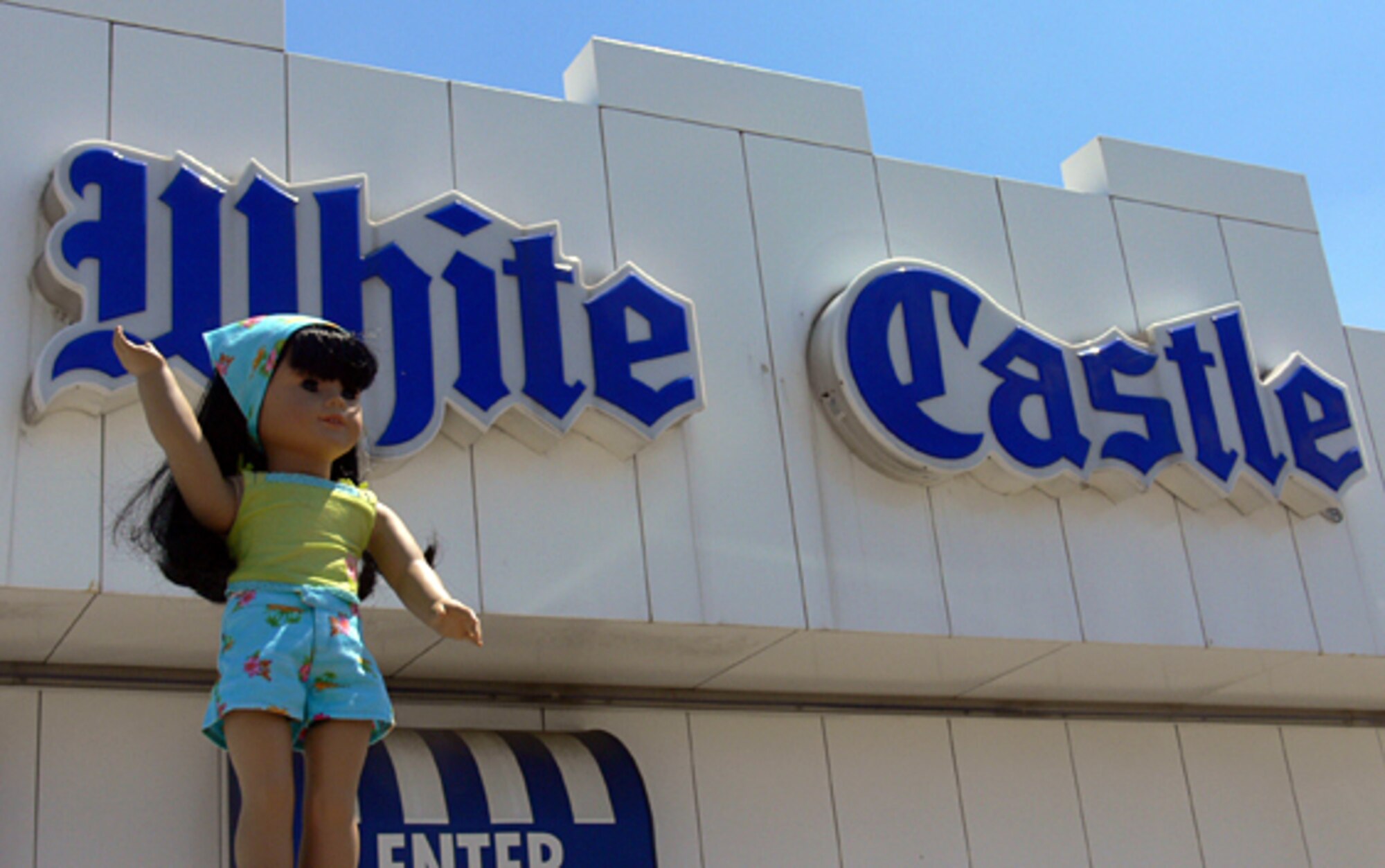 Kealoha, an American Girl Travelling Doll that belongs to Katherine McDaniel, visits a White Castle restuarant in Indiana during her almost year-long journey to visit military and civilian host families.  Katherine is the daughter of Tech. Sgt. Kenneth McDaniel with the 71st Flying Training Wing here. (Courtesy photo) 
