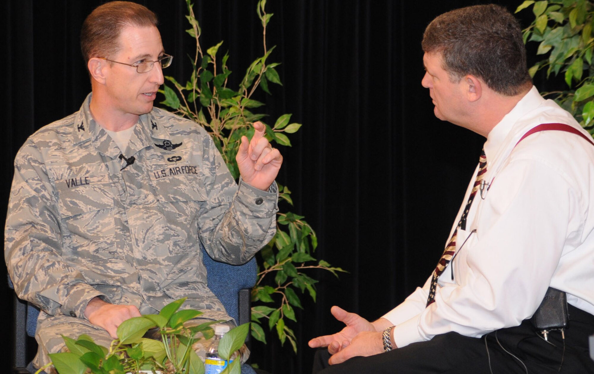 Col. Chris Valle, 81st Training Wing vice commander, goes through a mock television interview with Joe Trahan, an expert trainer in media relations and crisis and risk communications.  About 85 Keesler personnel honed their media skills during several forums, Aug. 28-29.  (U.S. Air Force photo by Kemberly Groue)