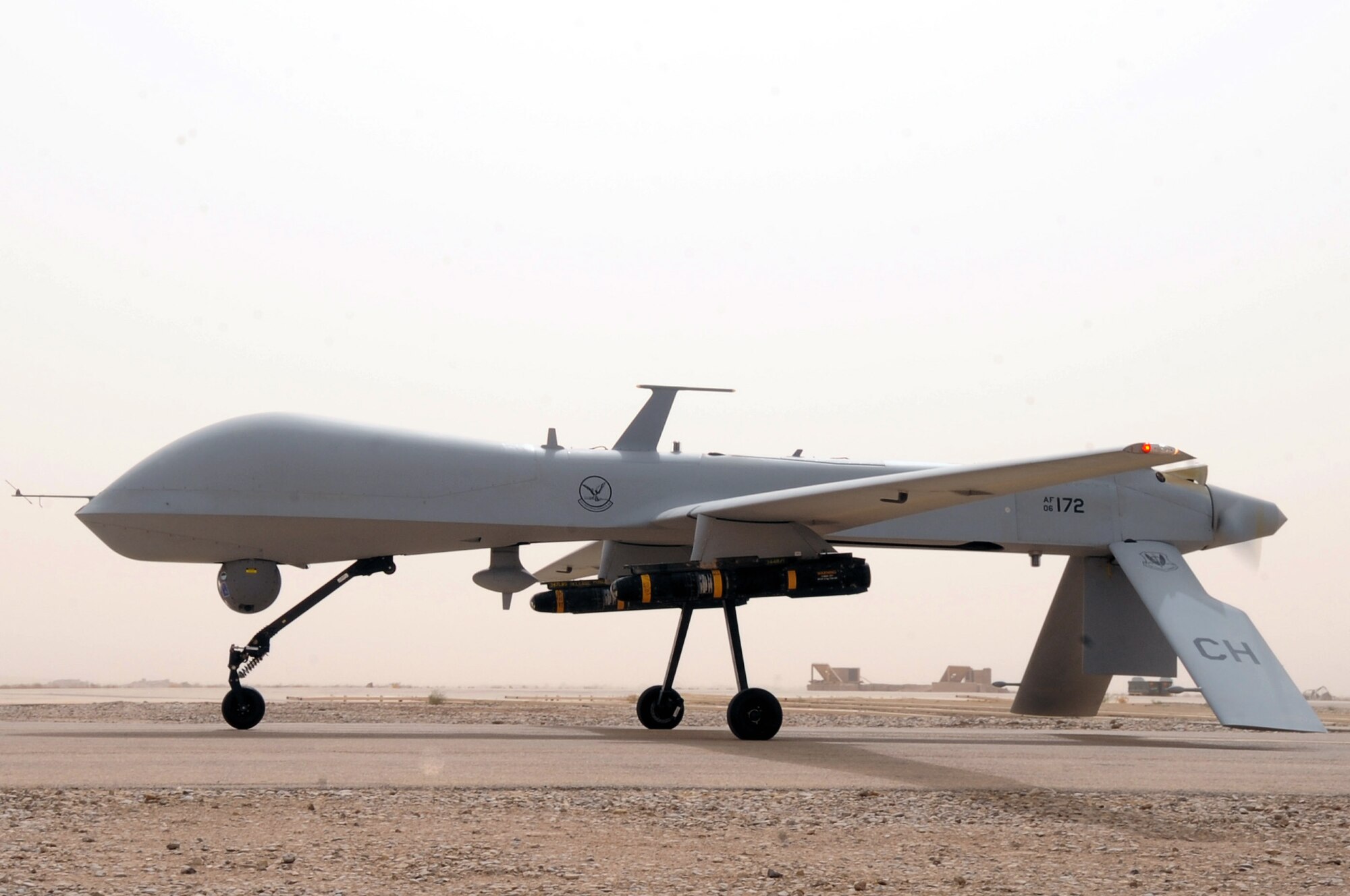 A MQ-1 Predator unmanned aircraft takes off in support of Operation Enduring Freedom. Through the use of advanced capabilities, focused doctrine and detailed training the predator provides integrated and synchronized close-air combat operations, to include intelligence, surveillance and reconnaissance. (U.S. Air Force photo/Tech. Sgt. Sabrina Johnson)