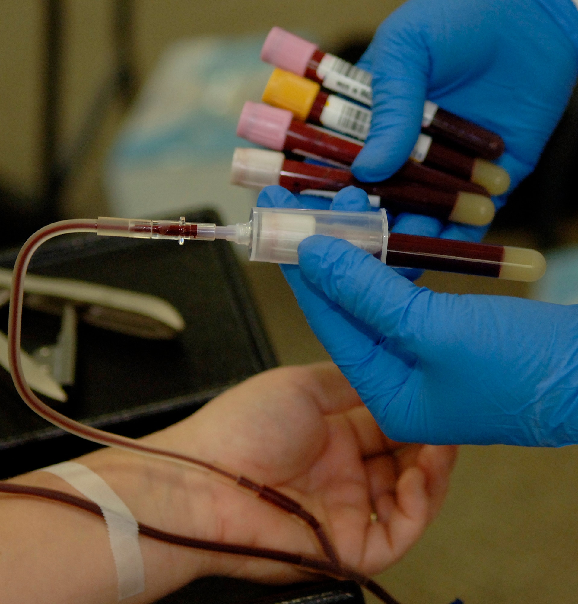 Blood samples are taken from donors for blood typing, Rh factor and to test for certain infectious diseases.  The Armed Services Blood Program's mission is to provide quality blood products to servicemembers and their families.  Langley's next ASBP blood drive is scheduled for Oct. 9 at the community center. (U.S. Air Force photo/Tech. Sgt. Levi Collins) 