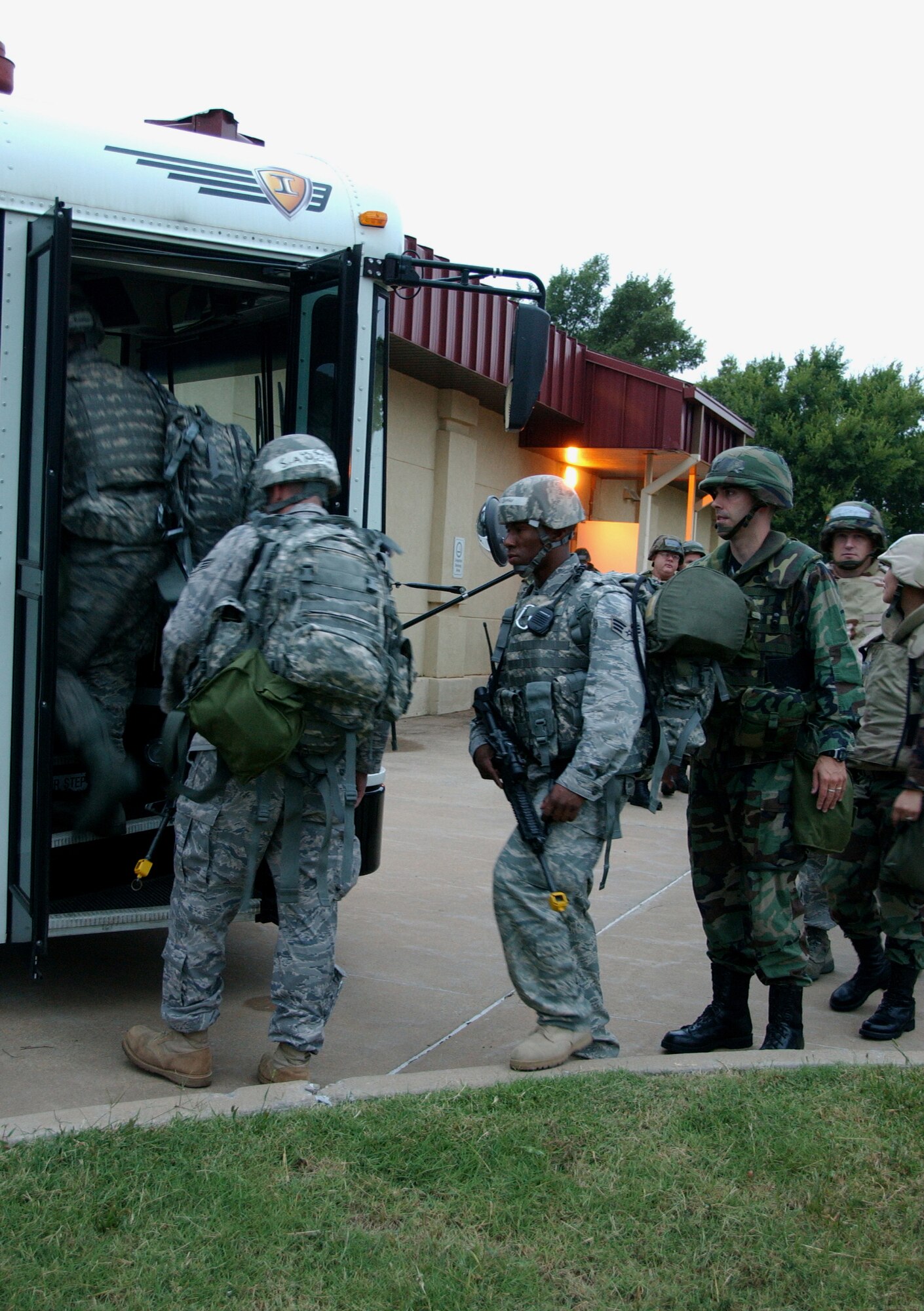 Vance Airmen board a 7 a.m. bus to participate in a field training exercise here Sept. 10 and 11. (U.S. Air Force photo by Staff Sgt. Brian Hill)                                   