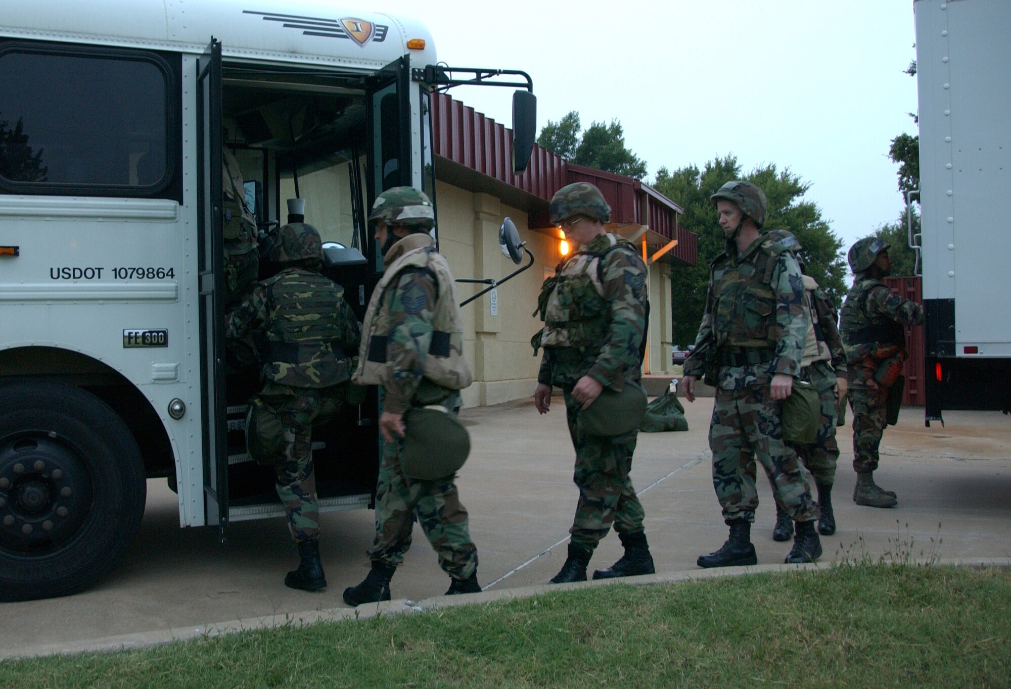 Vance Airmen board a 7 a.m. bus to participate in a field training exercise here Sept. 10 and 11. (U.S. Air Force photo by Staff Sgt. Brian Hill)                                        