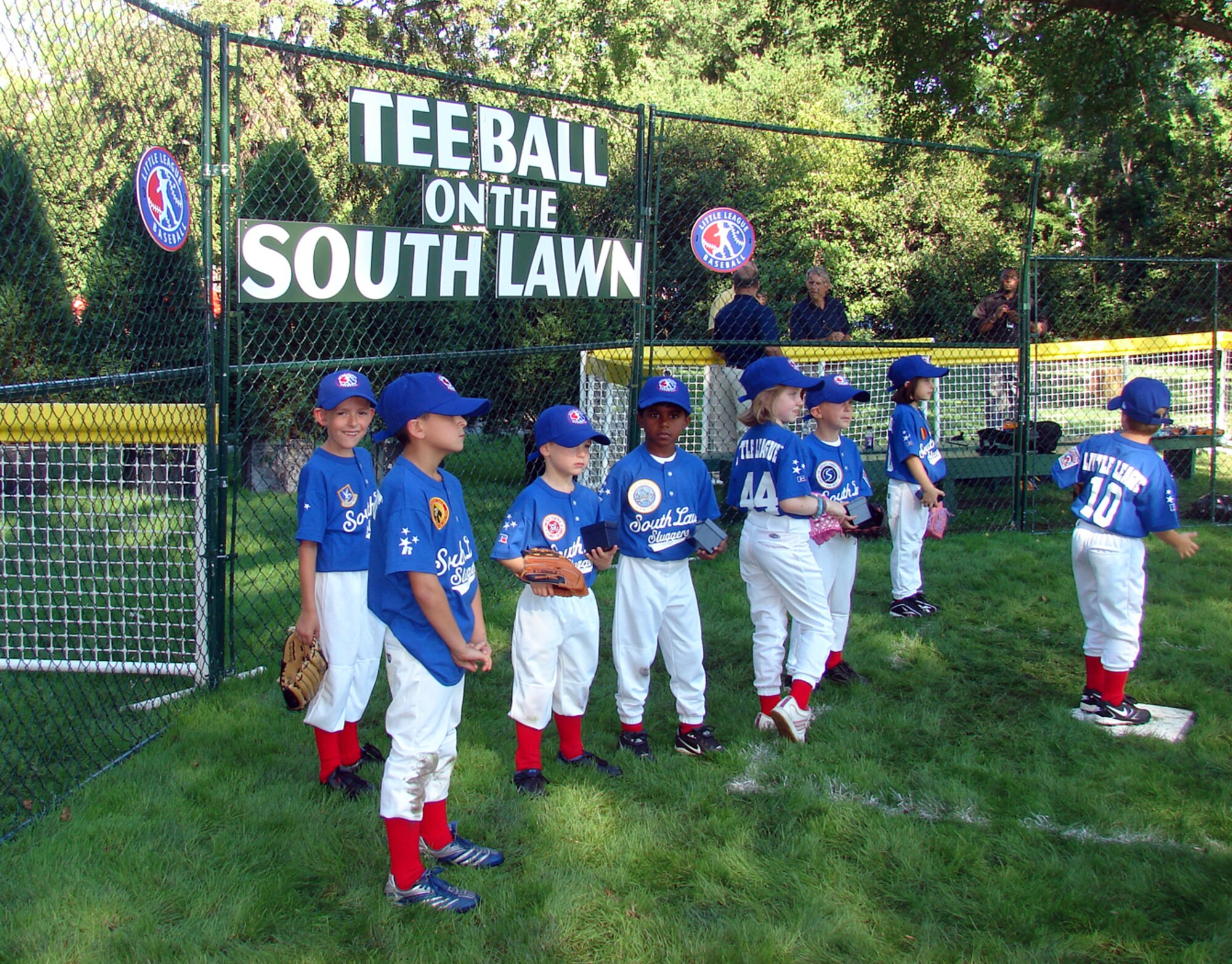 Far left, Kasen Warrick waits with his teammates to begin playing Tee Ball on the South Lawn at the White House Sept. 7. Kasen, 6, was selected to play tee ball with the president by McGuire’s Youth Center staff. The game, which was dedicated to military families, was the final for President Bush’s administration. Master Sgt. James Warrick, 305th Security Forces Squadron, is Kasen’s father. (U.S. Air Force courtesy photo)