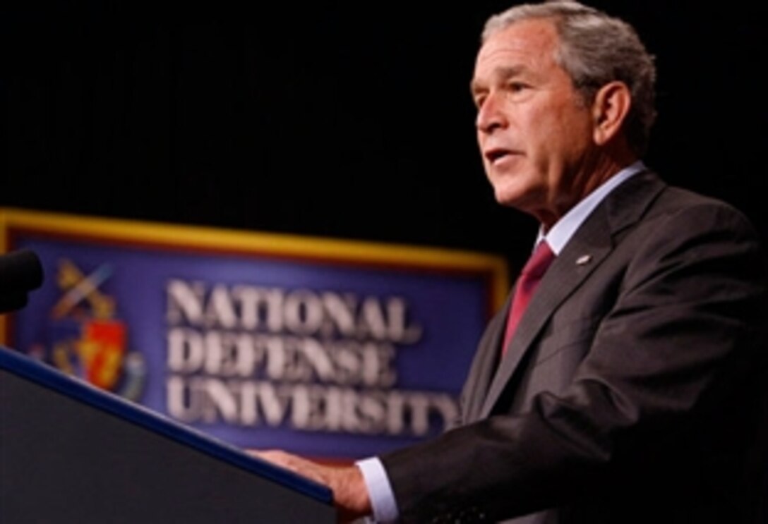 President George W. Bush delivers remarks, Sept. 9, 2008, to the National Defense University's Distinguished Lecture Program. The president accepted the recommendations of military leaders to reduce U.S. troop levels in Iraq by 8,000 through January.  