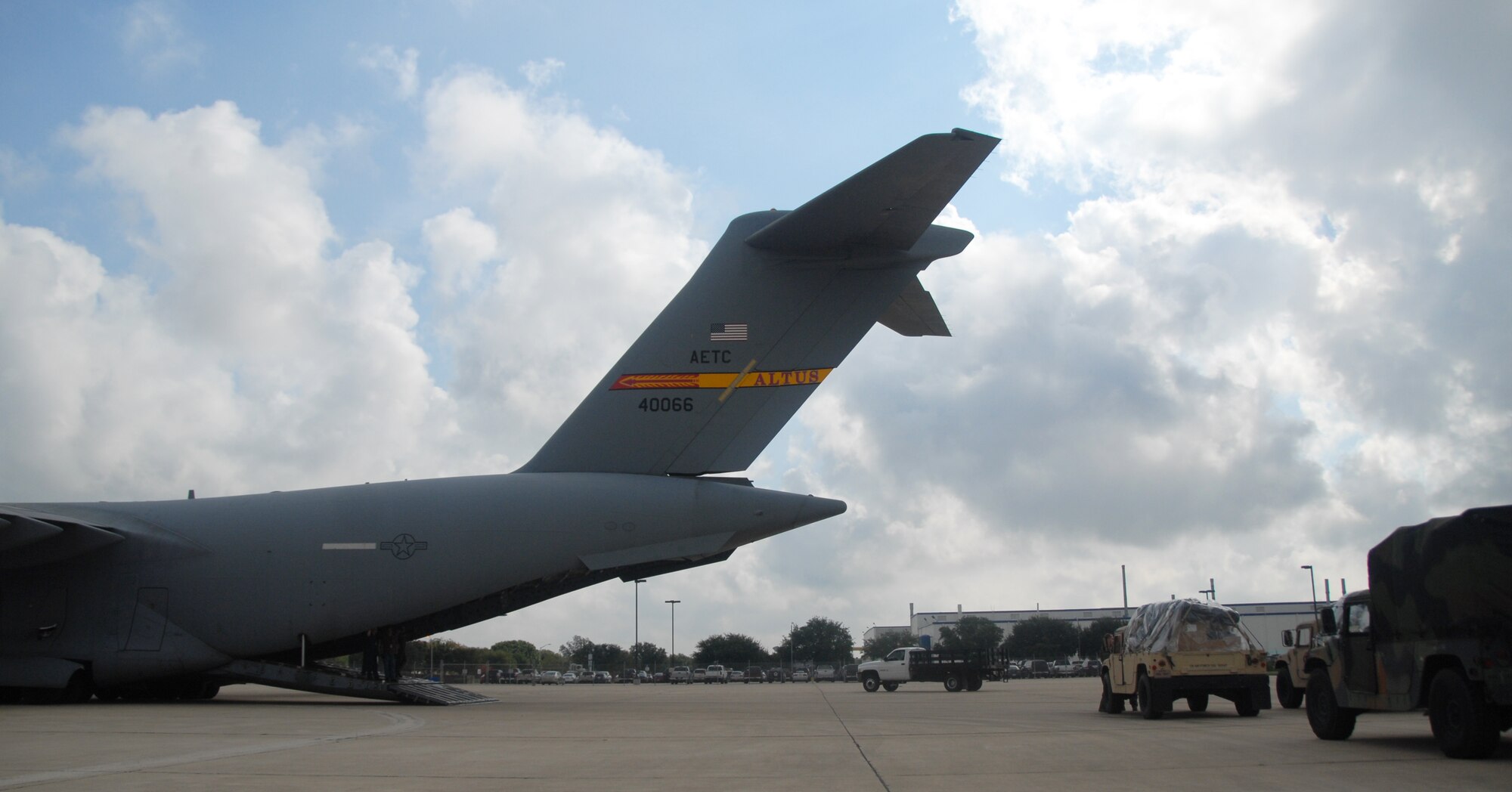 Humvees with humanitarian supplies from Kelly Field, Lackland Air Force Base, Texas are loaded on a C-17 Globemaster III assigned to the 58th Airlift Squadron at Altus AFB, Okla., Sept. 10. Supplies were flown to McAllen, Texas in support of Hurricane Ike preparation efforts. (U.S.Air Force photo/Senior Airman Jennifer L. Flores)