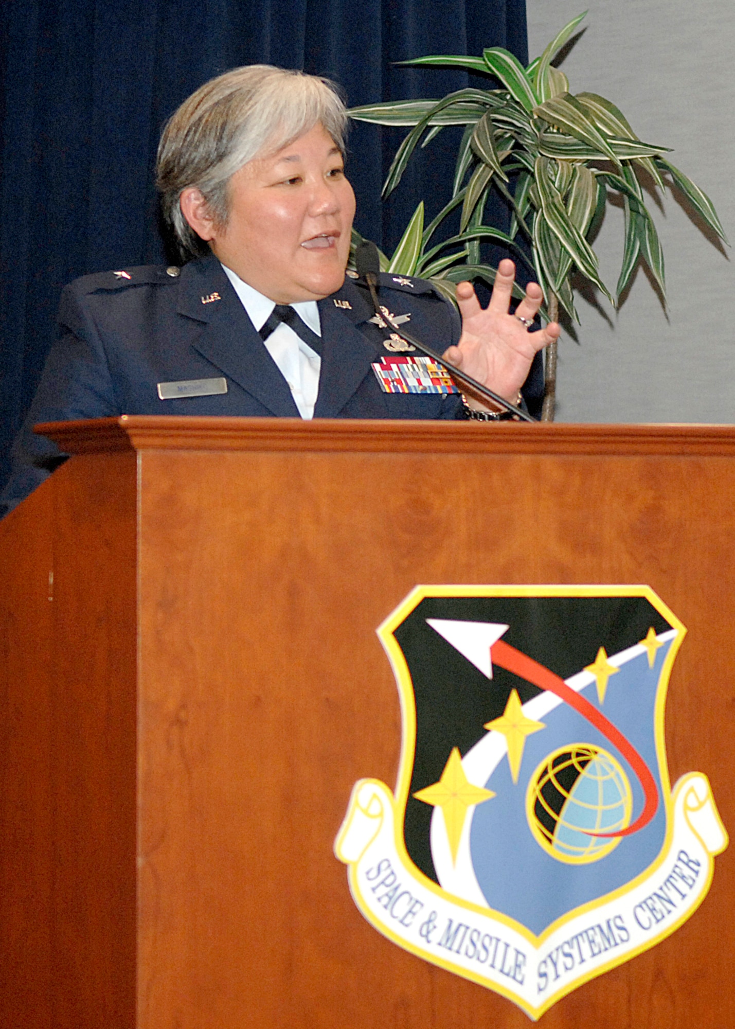 Brig. Gen. Susan Mashiko, Space and Systems Missiles Systems Center vice commander speaks about mentoring during the Aerospace Women’s Committee Seminar, Aug. 26. The week-long "Women's Week" celebration was hosted by The Aerospace Women's Committee (AWC). This year's celebration partnered with the Los Angeles Air Force Base Federal Women's Program. (Photo by Stephen Schester)