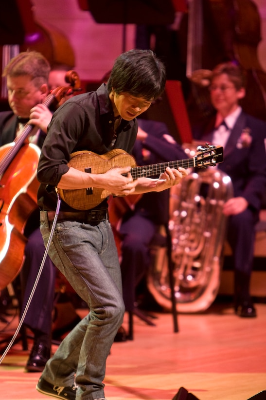 Ukulele master Jake Shimabukuro performed mesmerized the audience with his version of “While My Guitar Gently Weeps” as part of the U.S. Air Force Band television special titled “America’s Veterans: A Musical Tribute.” The show was taped at the Music Center at Strathmore in North Bethesda, Md., and will air nationally on public television and overseas on American Forces Network over the Veterans Day holiday. Also appearing on the program are two-time Grammy Award-winner Patti LaBelle, country music superstar Clint Black and Academy Award-winning Actor Cliff Robertson.