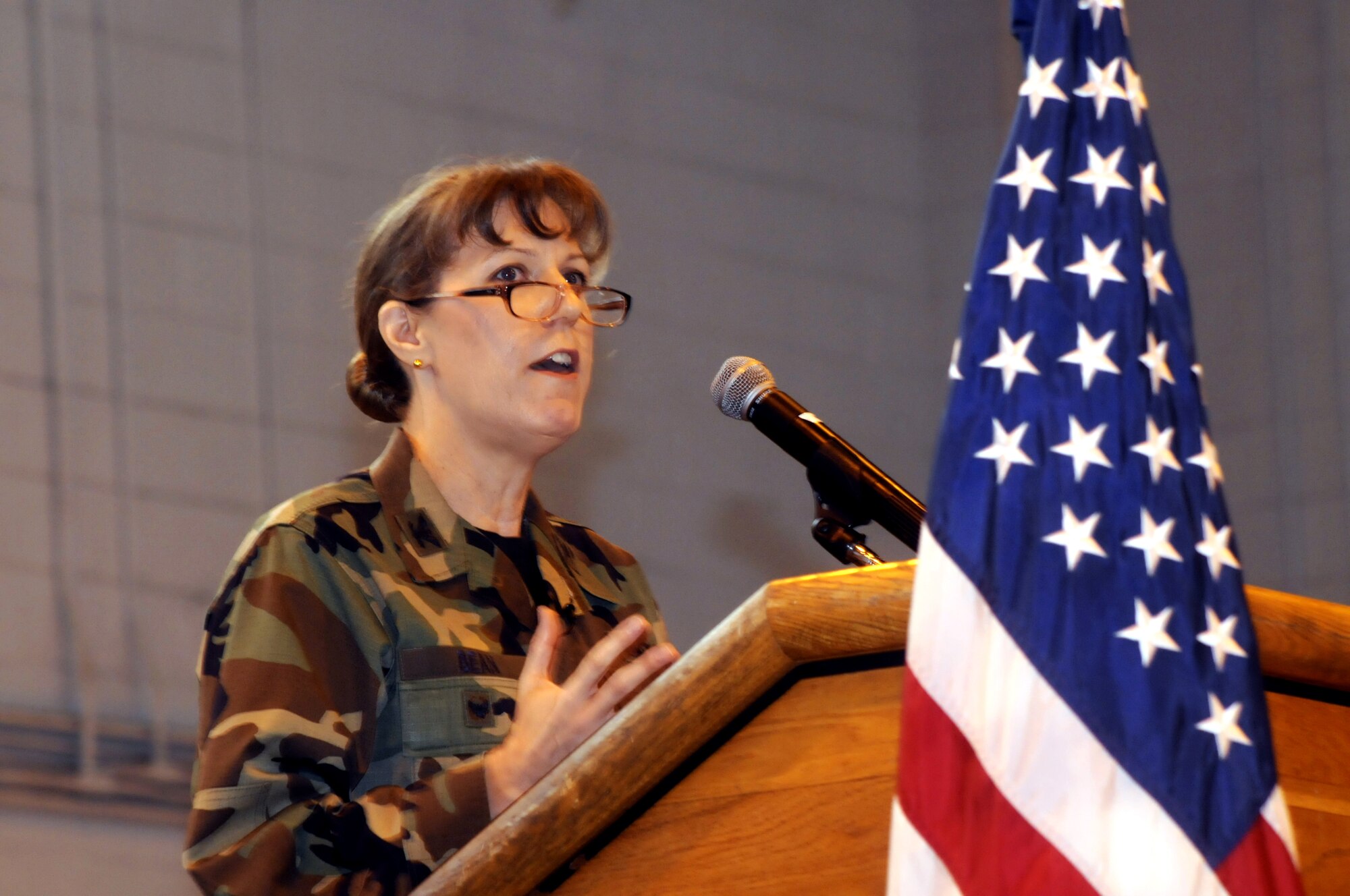 Col. Debra Bean, 78th Air Base Wing vice commander, addresses participants at Robins's first Freedom Walk Sept 10. U. S. Air Force photo by Sue Sapp