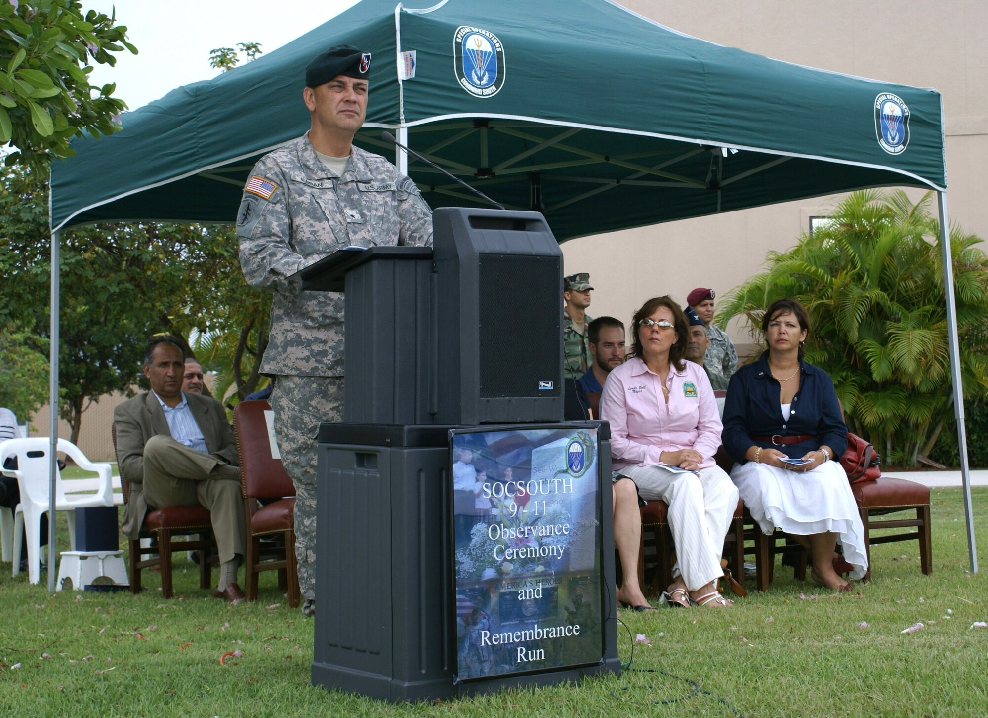 HOMESTEAD AIR RESERVE BASE, Fla. -- Army Brig. Gen. Hector E. Pagan, U.S. Special Operations Command South commander at Homestead ARB, addresses military, civilian, and local government officials during a ceremony held in observance of the terrorist attacks on Sept. 11.  SOCSOUTH is a subordinate component for special operations under the U.S. Southern Command, which is headquartered in the City of Doral, Fla. The command’s Area of Focus encompasses the land mass and adjacent waters of Latin America south of Mexico covering about 15.6 million square miles. (U.S. Air Force photo/Tim Norton)
