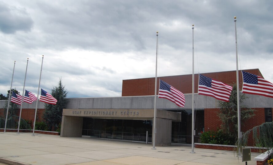 Six American flags fly at half-mast at the U.S. Air Force Expeditionary Center on Fort Dix, N.J., Sept. 11, 2008, in honor of the victims of Sept. 11, 2001.  (U.S. Air Force Photo/Tech. Sgt. Scott T. Sturkol)