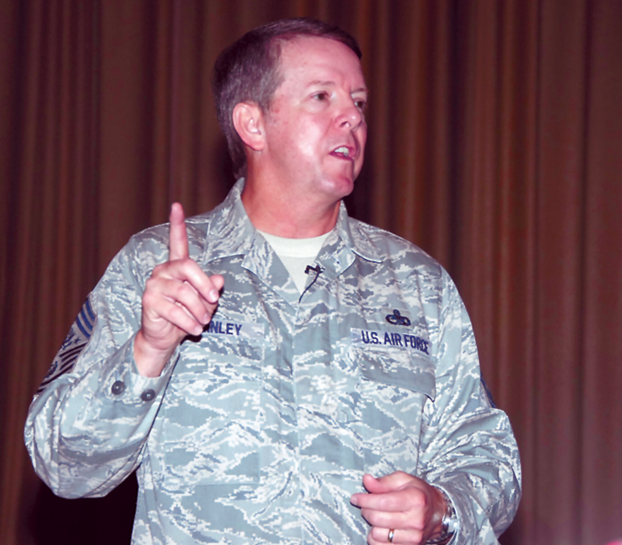 Chief Master Sgt. of the Air Force Rodney McKinley emphasizes supervisor responsibilities during a Sept. 9 enlisted call at the base theater on Wright-Patterson Air Force Base, Ohio. (Air Force photo by Christy Webb)