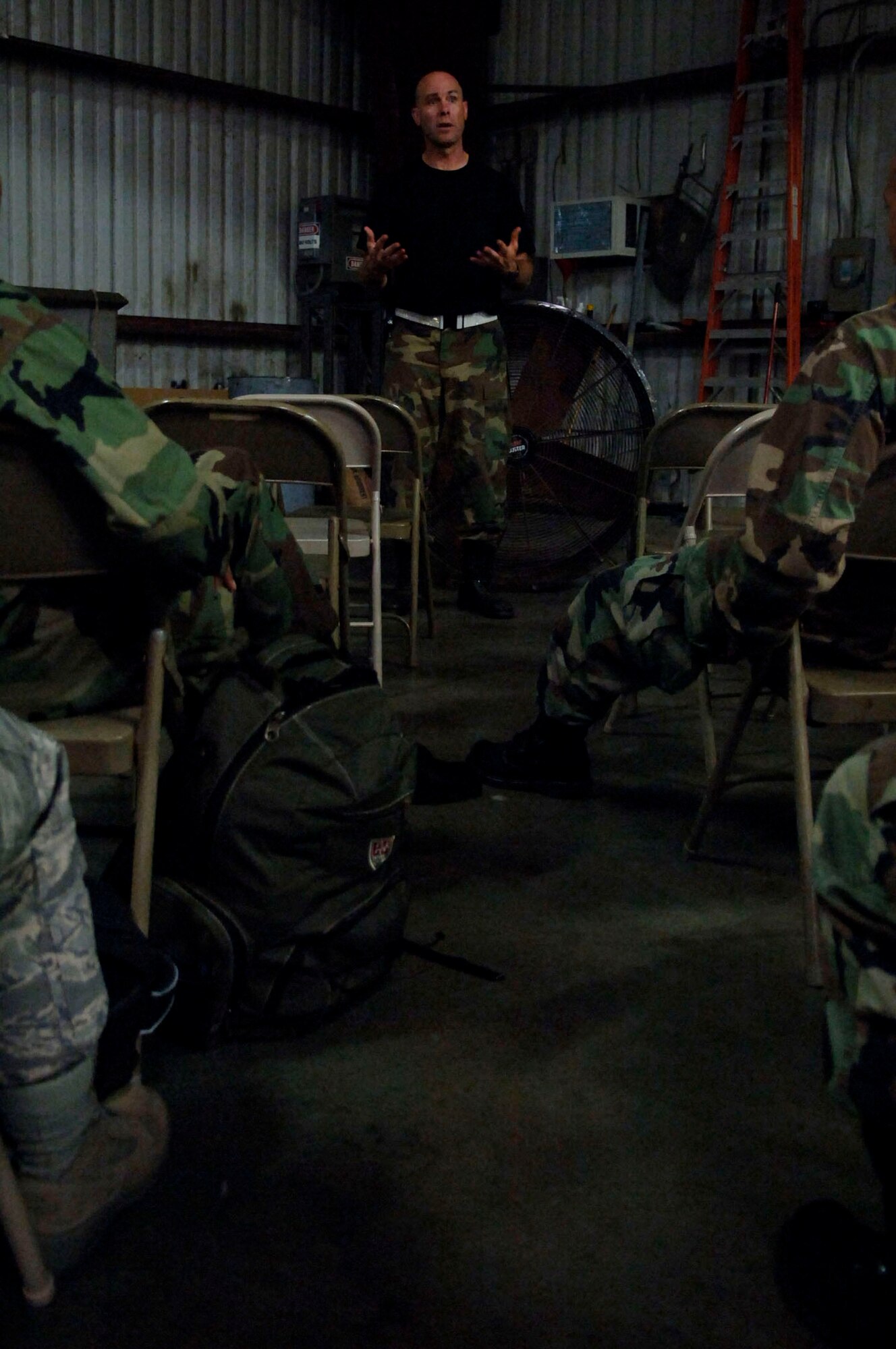 Major Scott Russell the Aerovac Operation Officer in Charge briefs members of a Mobile Aeromedical Staging Facility (MASF) team from MacDill AFB, FL.  The MASF team deployed to Corpus Christi, TX in support of evacuation efforts for Hurricane Ike.