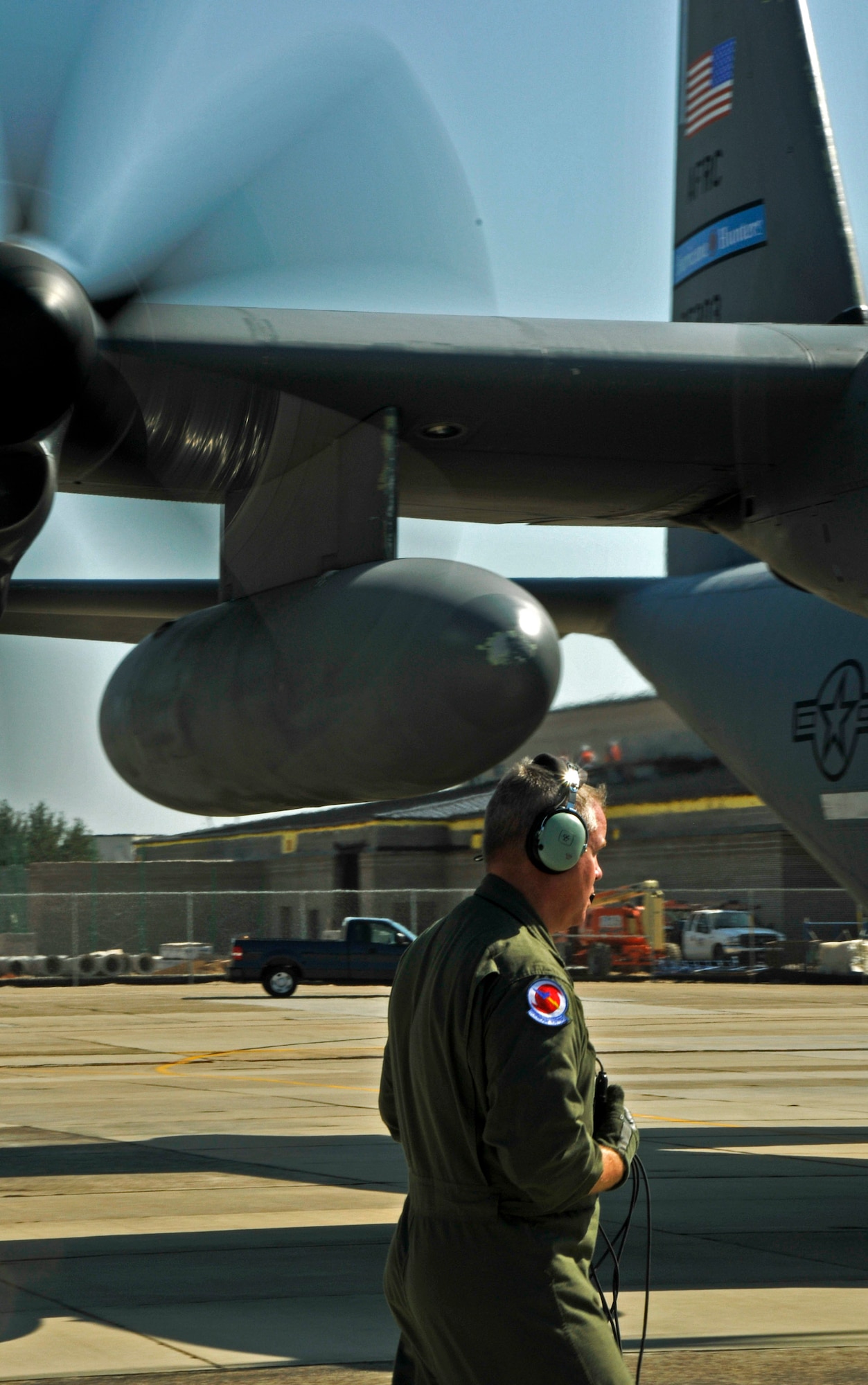 Tech. Sgt. Scott Blair prepares to board a WC-130J Hurricane Hunter Sept. 10 at Keesler Air Force Base, Miss. Sergeant Blair is responsible for the safety of the aircraft and is also tasked with launching and gathering weather data through the use of an instrument called a dropsonde. Sergeant Blair is a weather reconnaissance loadmaster. (U.S. Air Force photo/Tech. Sgt. James B. Pritchett) 

