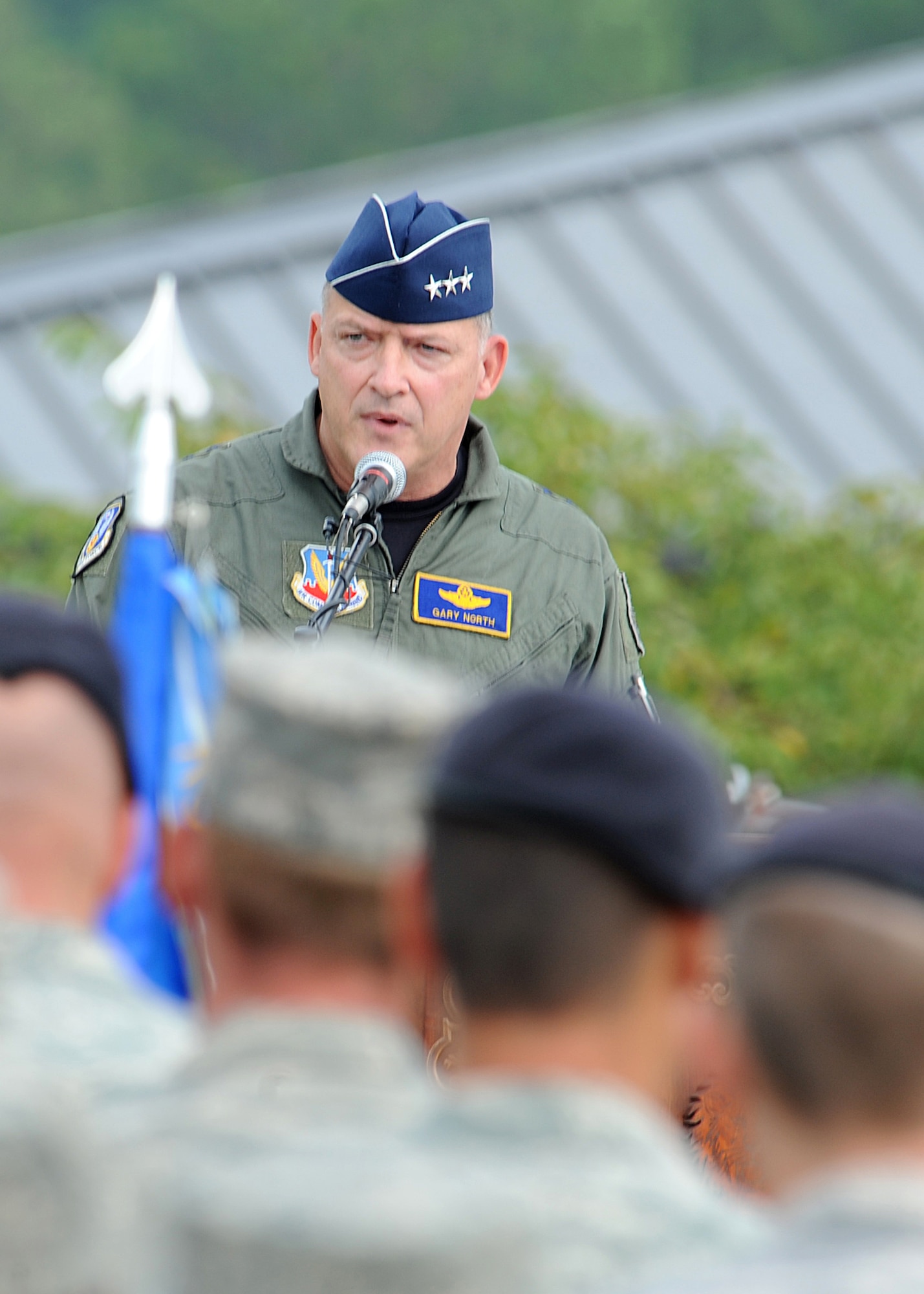 Lt. General Gary North speaks to the Airmen at the 4th Fighter Wing about Col. Steve Kwast's leadership on Sept. 9, 2008.General North was the presiding official for the change of command ceremony at Seymour Johnson Air Force Base, N.C. (U.S. Air Force photo by Airman 1st Class Whitney Stanfield)