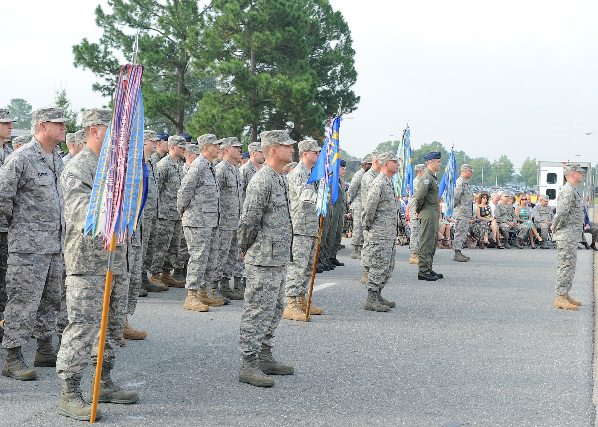 Members of the 4th Fighter Wing stand at ease during the change of command ceremony, Sept. 9, 2008.General North was the presiding official for the change of command on Seymour Johnson Air Force Base, N.C. (U.S. Air Force photo by Airman 1st Class Whitney Stanfield)