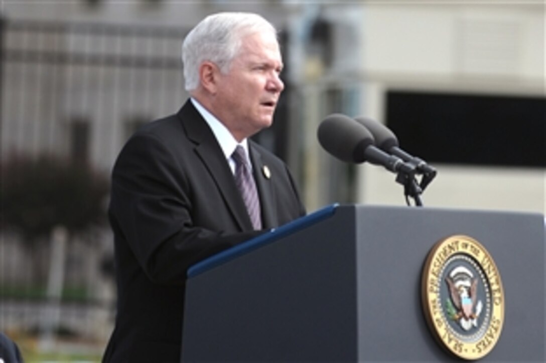 Defense Secretary Robert M. Gates speaks at the Pentagon Memorial Dedication Ceremony, Sept. 11, 2008. Gates is hosting the ceremony dedicating the national memorial to those killed at the Pentagon on Sept. 11, 2001. The memorial consists of 184 inscribed memorial units honoring the 59 people aboard American Airlines Flight 77 and the 125 in the building who lost their lives that day. 