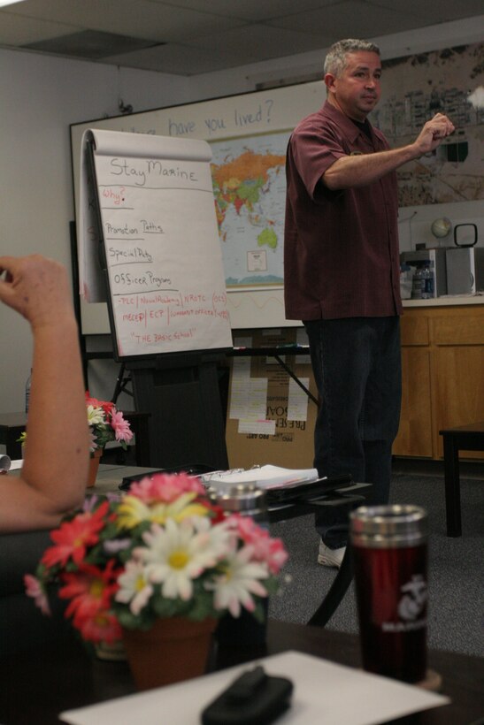 Danny Cole, a life skills trainer gives a class during the new L.I.N.K.S. program for Marines.  The new program is offered at the Combat Center’s L.I.N.K.S. center and is given for a Marine to help out their families.
