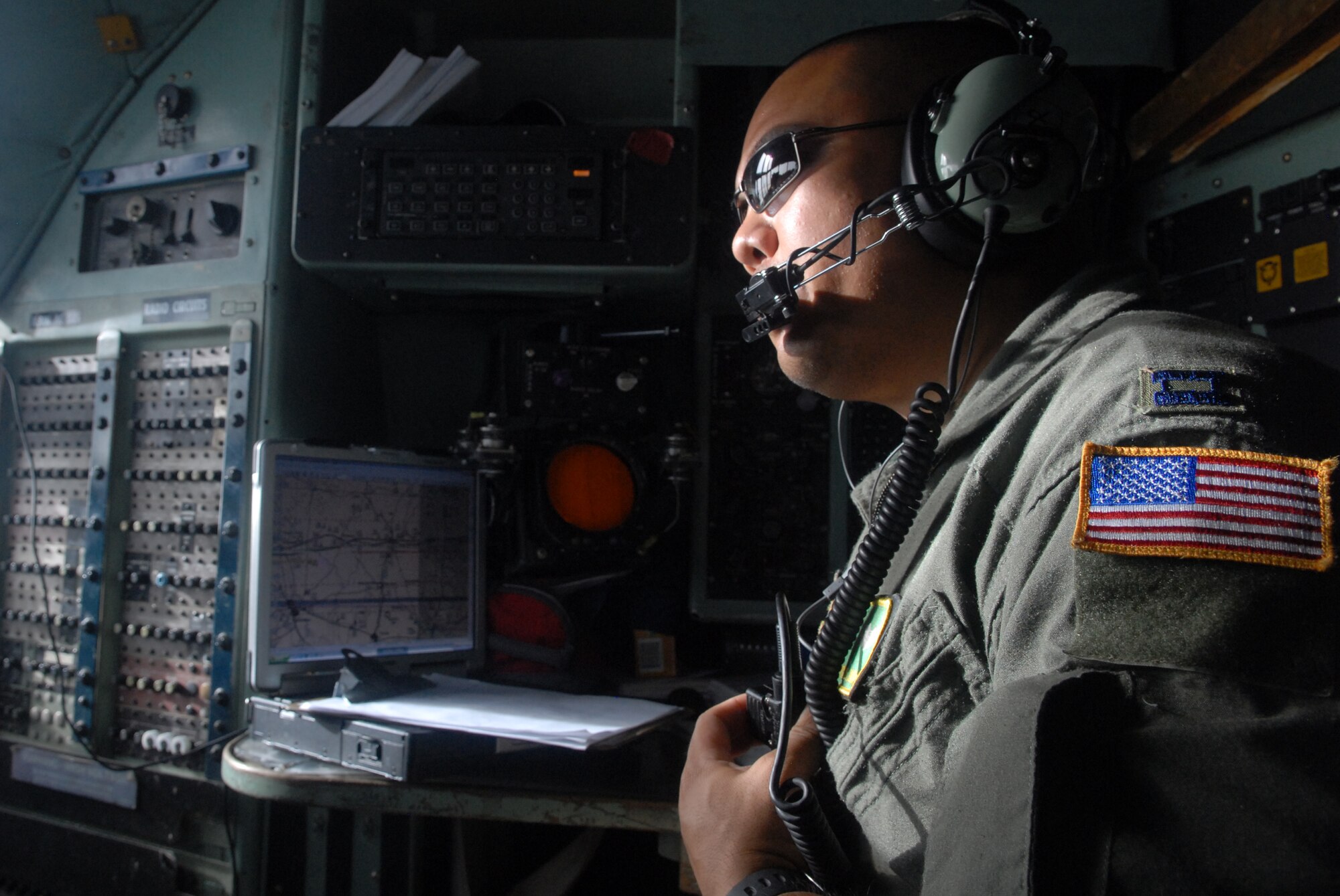 LITTLE ROCK AIR FORCE BASE, Arkansas --.  Capt. Ryan David, navigator, 61st Air Wing, relays course directions to the pilots aboard a C-130 aircraft for the arrival back to Little Rock Air Force Base after transporting medical patients from Beaumont, Texas to Lackland Air Force Base, Texas, September 12, 2008.  Little Rock Air Force Base C-130 aircraft and crews are tasked routinely to evacuate possible natural disaster victims to safer locations. (U.S. Air Force photo by Staff Sgt. Chris Willis) (RELEASED)