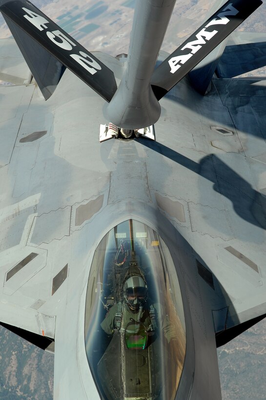 A KC-135 from the 336 ARS at the base refuels an F-22 from Edwards AFB with a new synthetic fuel which will decrease the Air Force’s dependence on foreign oil. It was the first time the new synthetic fuel was used in an air refueling as well as the first time a KC-135 flew using it. The pilots from both aircraft reported that everything went smoothly. (U.S. Air Force photo by Master Sgt. Rick Sforza, 4th CTCS)