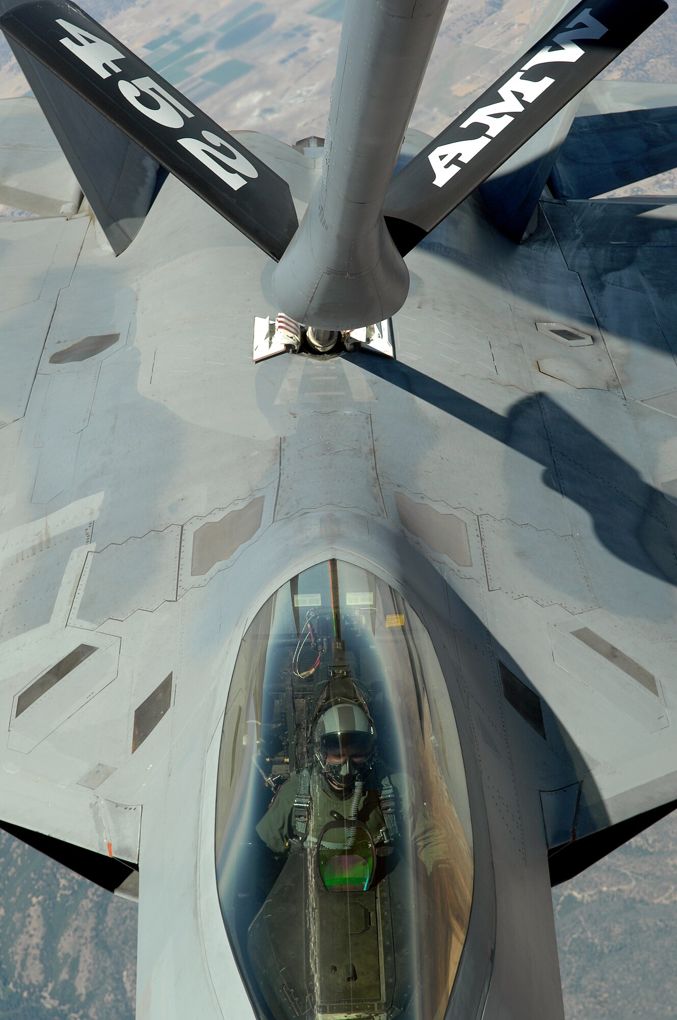 A KC-135 from the 336 ARS at the base refuels an F-22 from Edwards AFB with a new synthetic fuel which will decrease the Air Force’s dependence on foreign oil. It was the first time the new synthetic fuel was used in an air refueling as well as the first time a KC-135 flew using it. The pilots from both aircraft reported that everything went smoothly. (U.S. Air Force photo by Master Sgt. Rick Sforza, 4th CTCS)