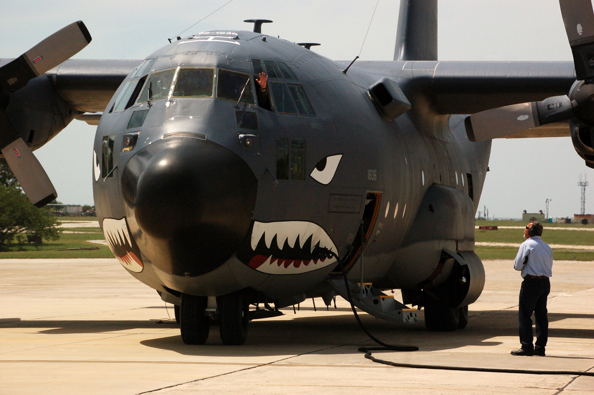 A C-130 Hercules with the 331st Air Expeditionary Group sits on the tarmac at Randolph Air Force Base, Texas, Sept. 12. The aircraft delivered search and rescue personnel and equipment that was being staged at the base to provide support in the aftermath of Hurricane Ike. (U.S. Air Force photo/Staff Sgt. Matthew Bates)