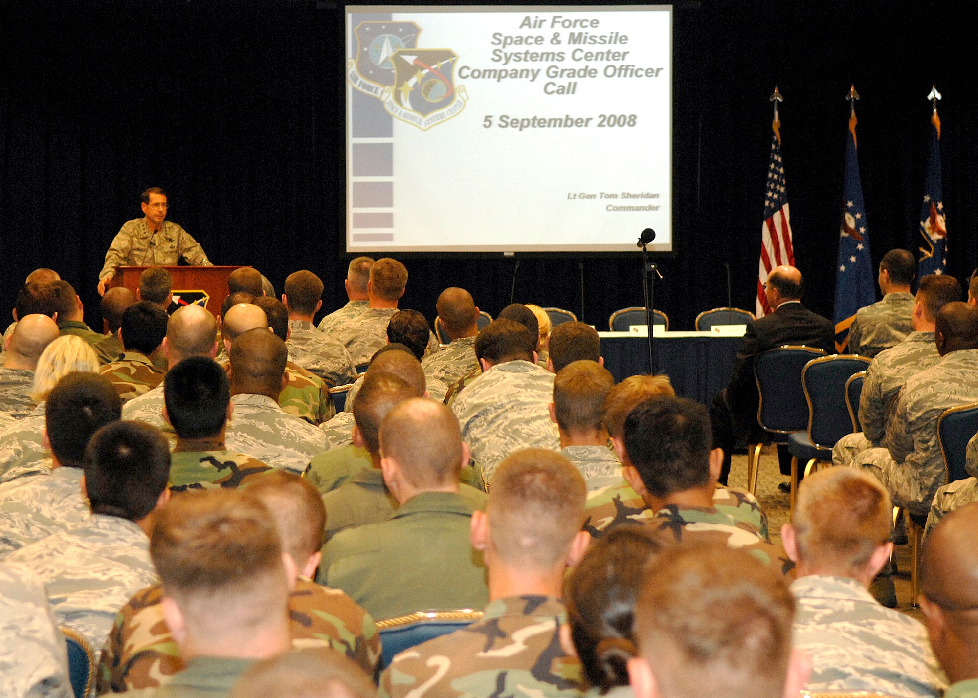 Lt. Gen. Tom Sheridan, Space and Missile Systems Center commander, hosted the 2008 SMC Company Grade Officer’s All Call at the Gordon Conference Center, Sept. 5.  Presentations were given by: Chief Master Sgt. Stephen Ludwig, Los Angeles Air Force Base Command Chief Master Sergeant; the Los Angeles AFB Company Grade Officers Council (CGOC); the Air Force Association (AFA); the Air Force Cadet Officer Mentor Action Program (AFCOMAP); the 61st Medical Group; and the Voting Assistance Program (VAP). Topics included the upcoming POW/MIA Relay, Dining Out, and Tricare Online.  The All Call wrapped up with a question and answer session and was followed by a Crud Tournament at the Club.