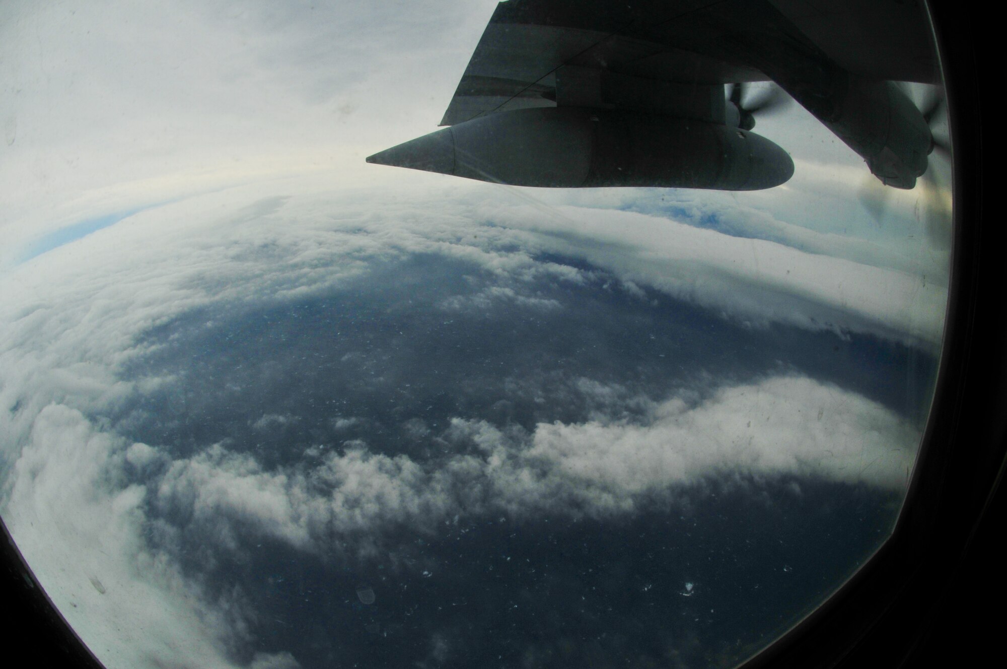 Inside the eye of Hurricane Ike, a WC-130J Hurricane Hunter aircraft provides data from several different instruments including sensors on the aircraft, dropsondes and the new Stepped-Frequency Microwave Radiometer, called a Smurf. The Smurf provides surface-level winds giving forecasters at the National Hurricane Center yet another source of information.  (U.S. Air Force Photo/Tech. Sgt. James B. Pritchett)