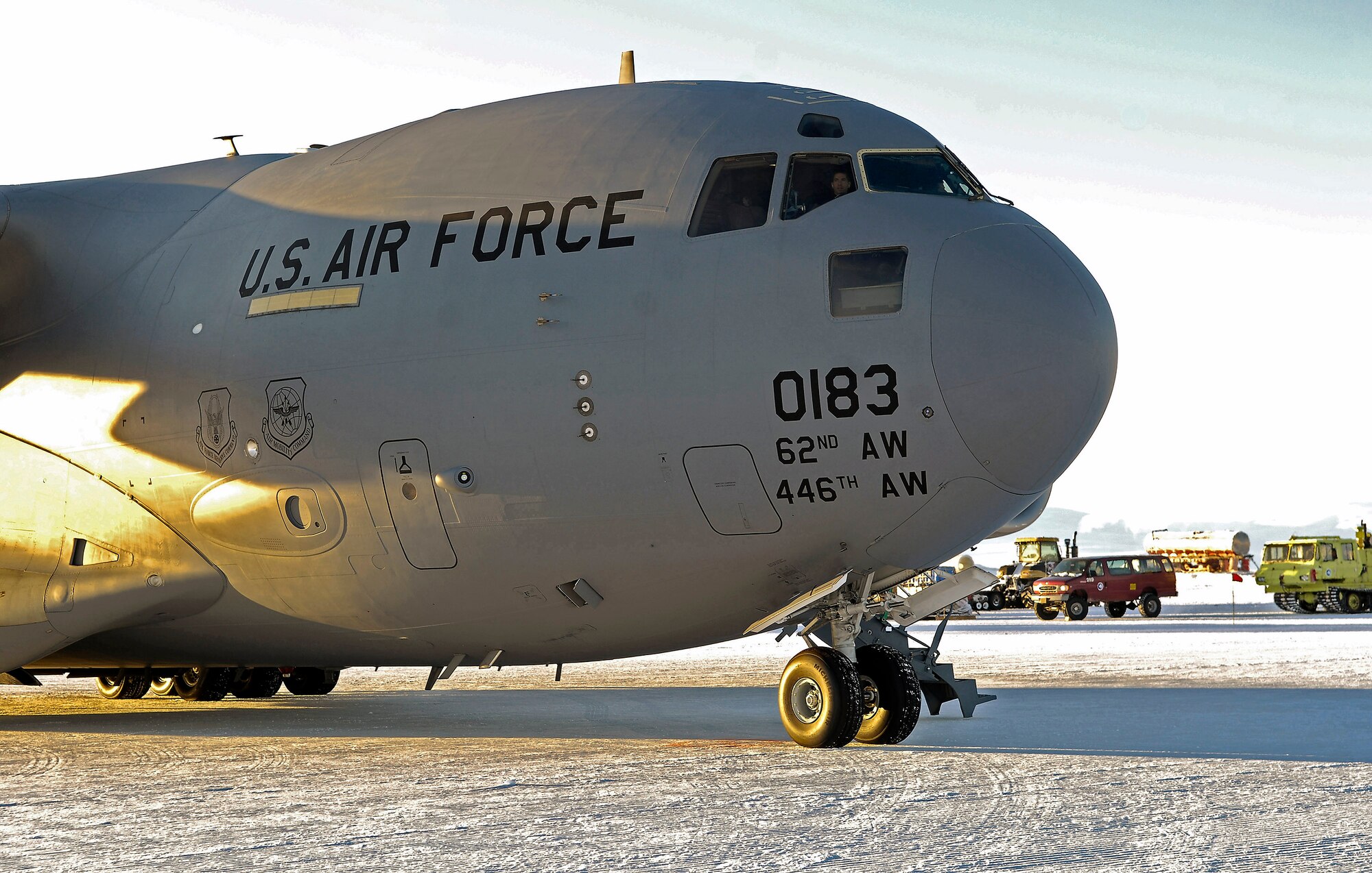 A C-17 Globemaster III sits on the Pegasus Ice Runway near McMurdo Station, Antarctica Sept. 10. A crew of active duty and Reserve Airmen from McChord Air Force Base, Wash., delivered hundreds of thousands of pounds of supplies and equipment to National Science Foundation outposts in Antarctica over the past 10 days. The aircrew is part of Joint Task Force Support Forces Antarctica, headquartered at Hickam AFB, Hawaii, and led by 13th Air Force. The joint task force is currently conducting Operation Deep Freeze in support of the National Science Foundation and U.S. Antarctic Program. (U.S. Air Force photo/Master Sgt. Chris Vadnais) 
