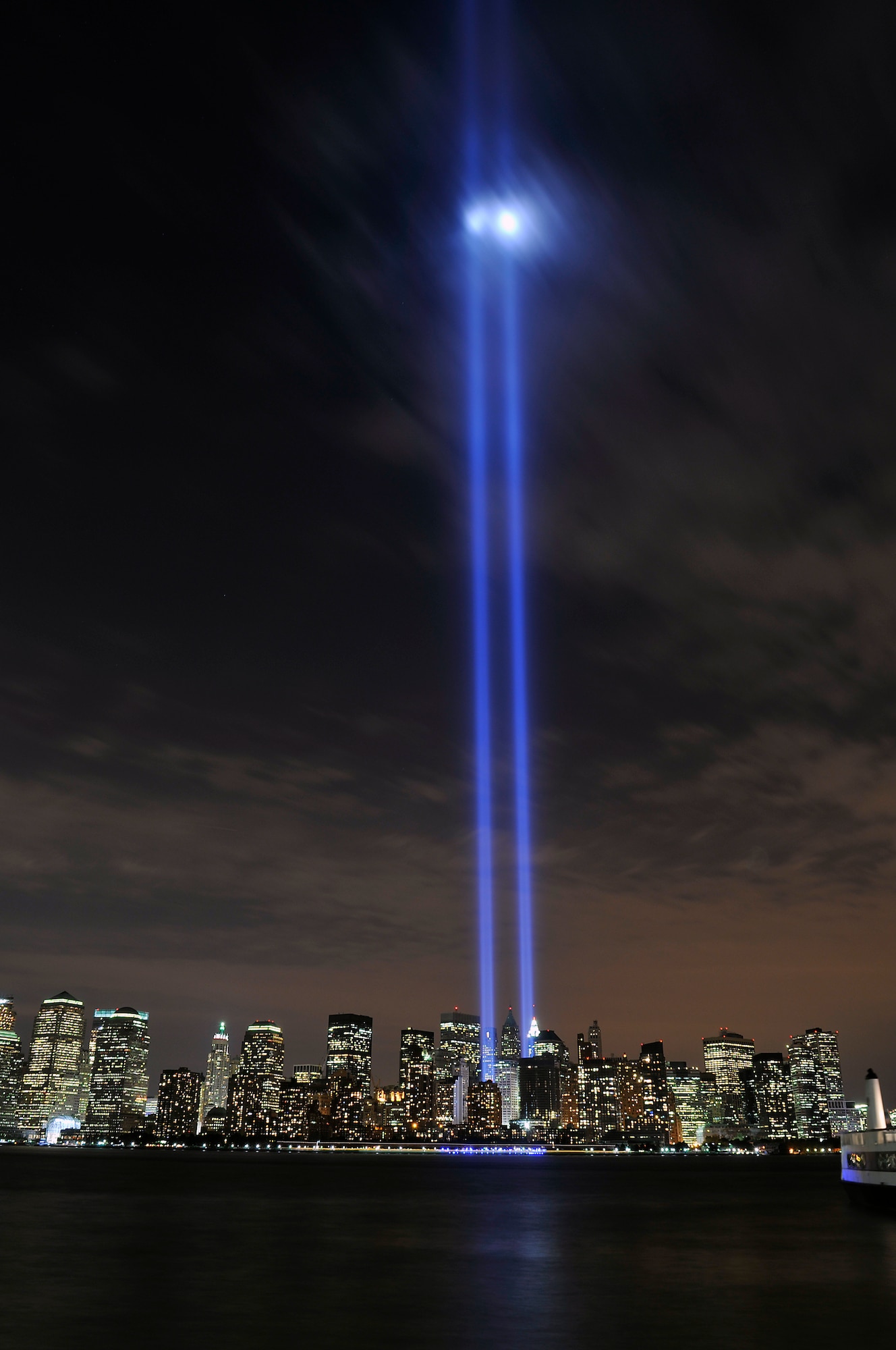 Twin beams of light illuminate the skies over New York City, N.Y., in a Tribute in Light Sept. 11, 2008. The Tribute in Light commemorated the seventh anniversary of the attack on the World Trade Center. (U.S. Air Force photo/Kenn Mann)