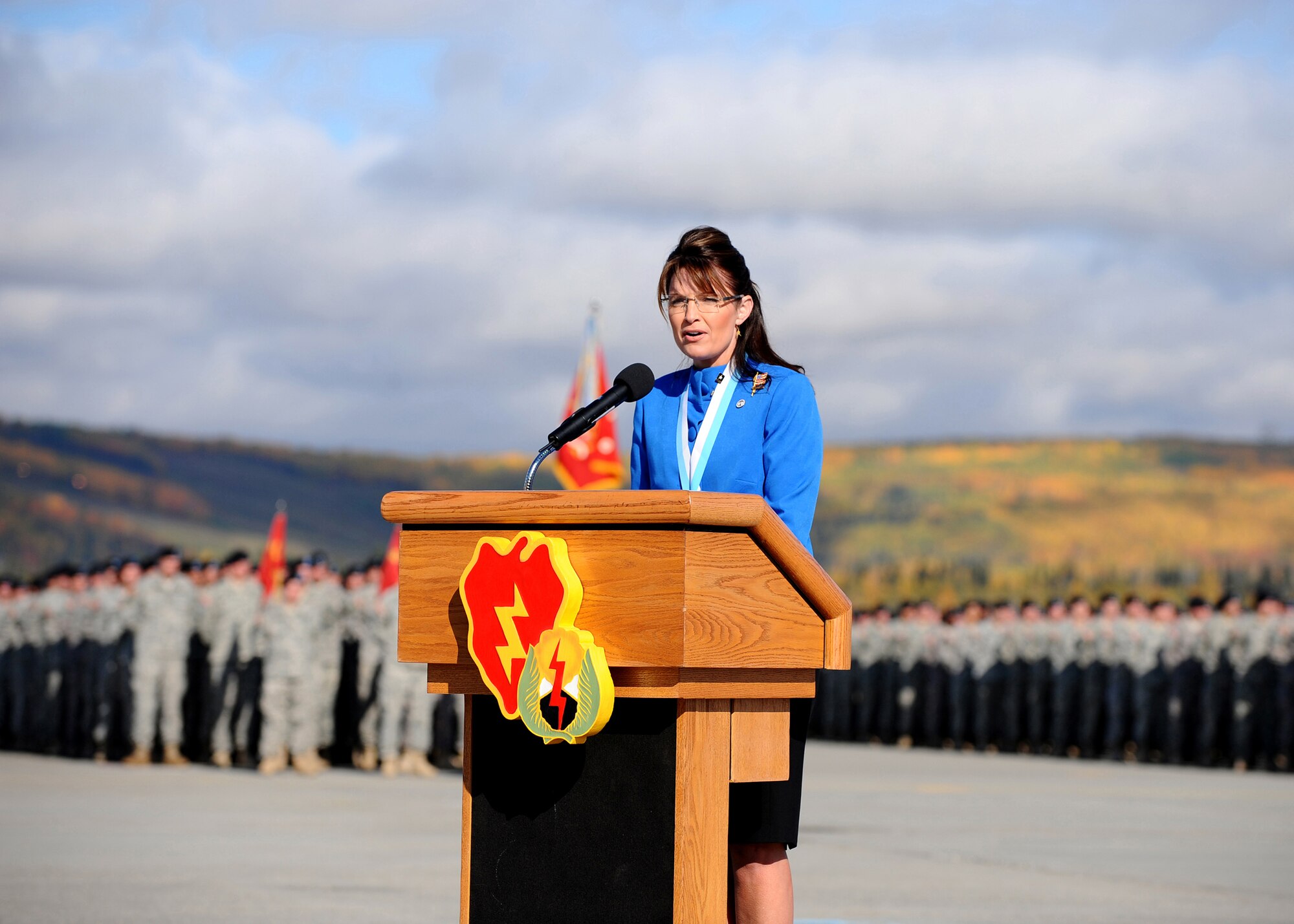 Alaska Gov. Sarah Palin addresses the 1st Stryker Brigade Combat Team, 25th Infantry Division during their deployment ceremony Sept. 10, 2008. Gov. Palins' son is one of the Soldiers deploying. (U.S. Air Force photo by Airman 1st Class Willard E. Grande)