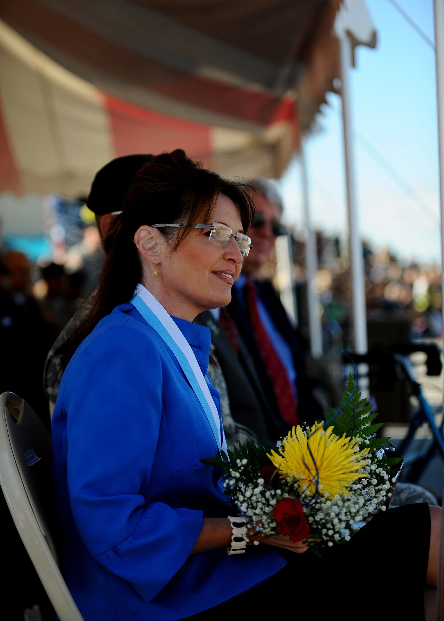 Alaska Gov. Sarah Palin watches the 1st Stryker Brigade Combat Team, 25th Infantry Division during their deployment ceremony Sept. 10, 2008. Gov. Palins' son is one of the Soldiers deploying. (U.S. Air Force photo by Airman 1st Class Willard E. Grande)