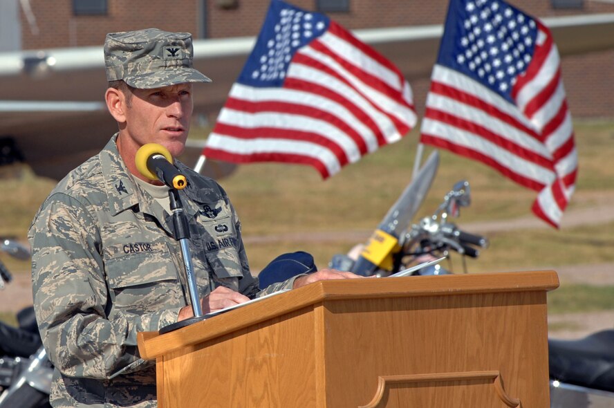 Col. Peter Castor, 28th Bomb Wing vice commander, speaks at the South Dakota Air and Space Museum during the 9/11 memorial Sept. 11. Following the speech, the museum unveiled a new display honoring Operations Enduring and Iraqi Freedom. (U.S. Air Force photo by Airman Corey Hook)